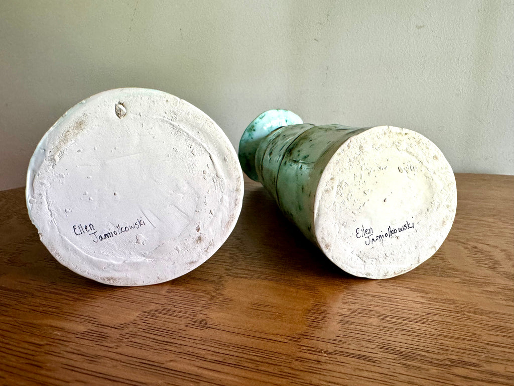 A Pair of Abstract Signed Studio Pottery Vases | Unique Handmade Pottery Bud Vases | Pistachio Colored Ceramic Vases
