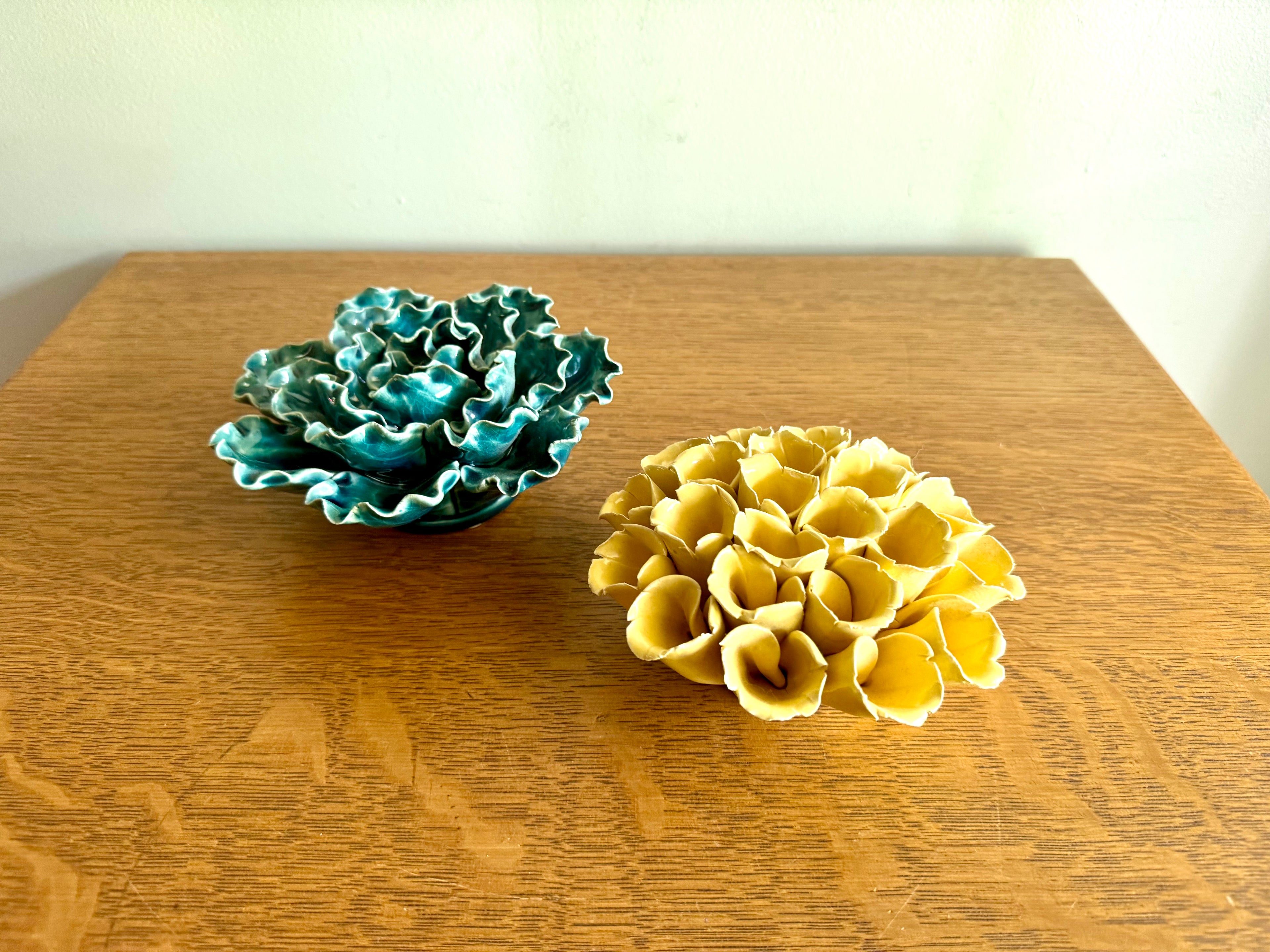 Vintage Pair of Ceramic Flower Wall Art | Yellow and Green Ceramic Botanical Art | Ceramic Sea Lettuce and Yellow Flower Set