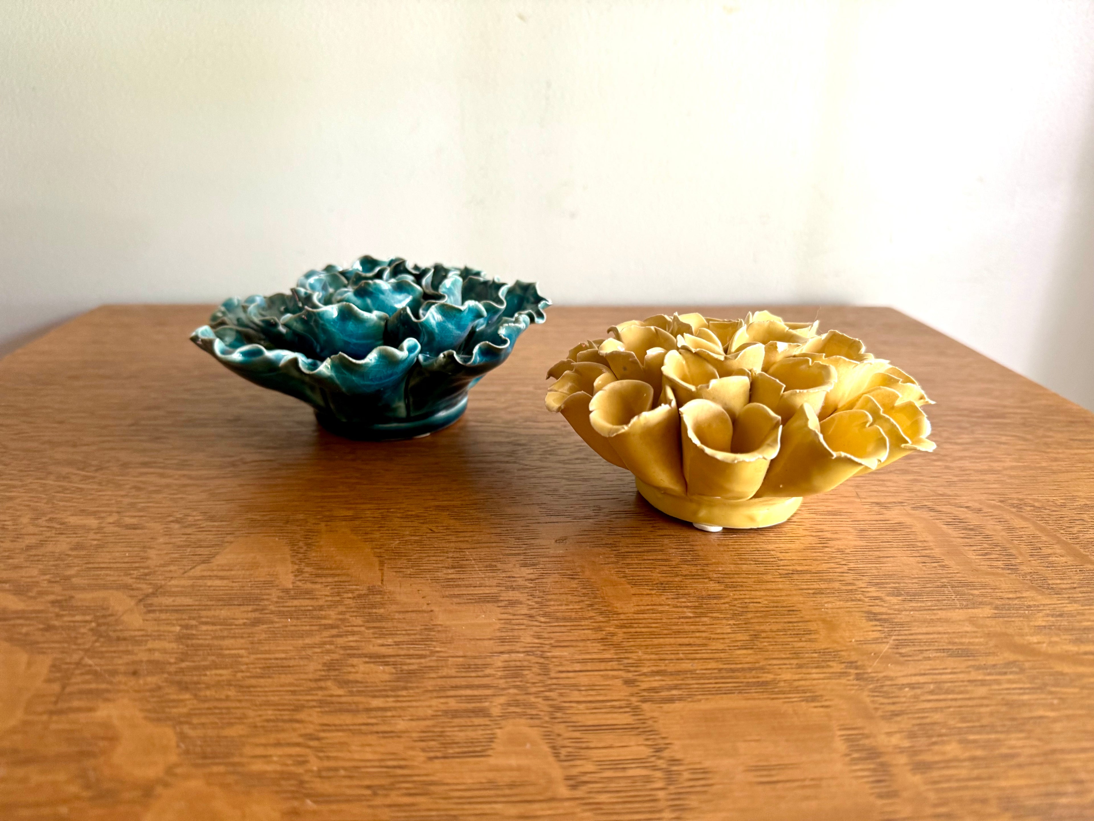 Vintage Pair of Ceramic Flower Wall Art | Yellow and Green Ceramic Botanical Art | Ceramic Sea Lettuce and Yellow Flower Set