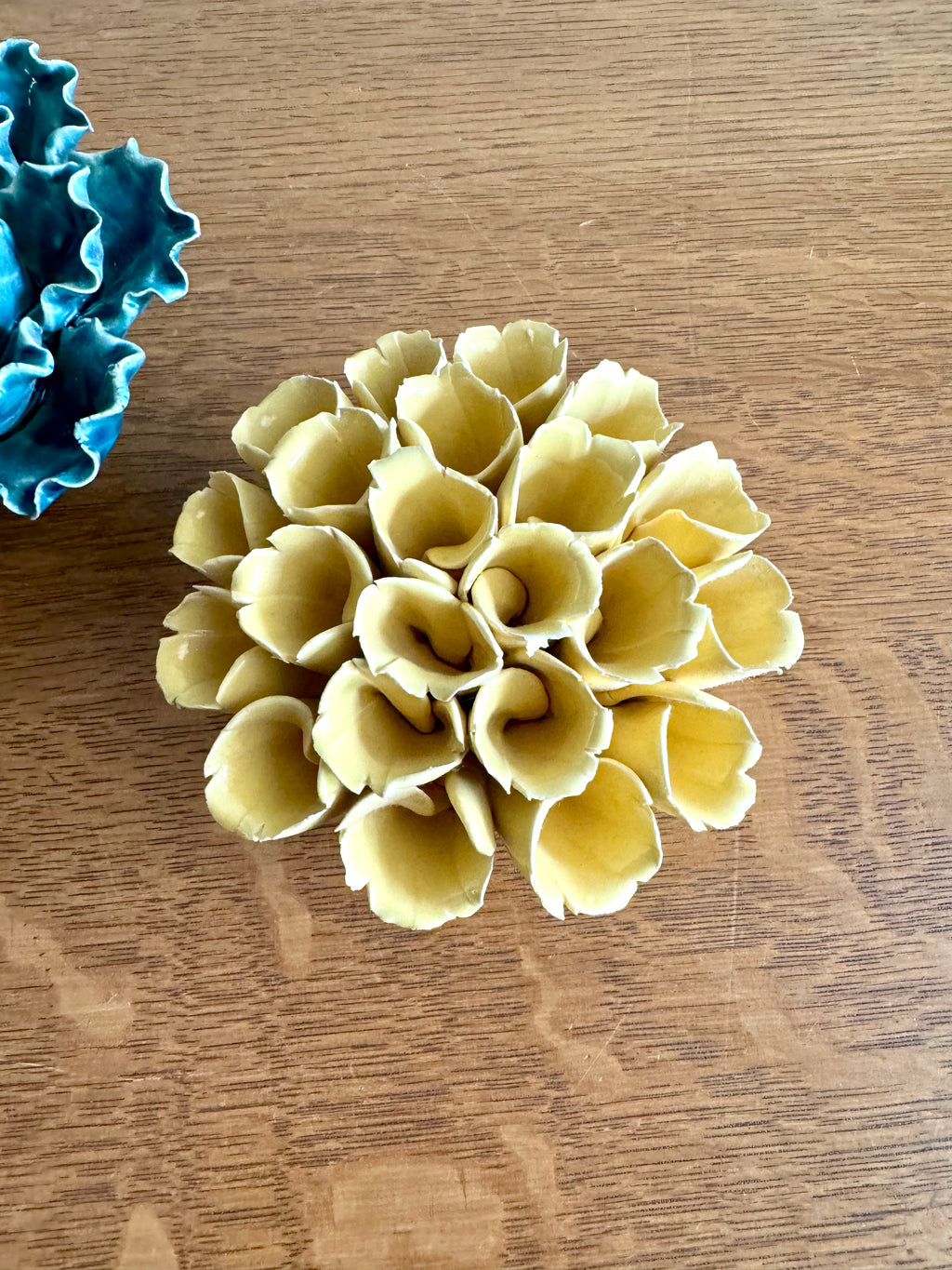 Vintage Pair of Ceramic Flower Wall Art | Yellow and Green Ceramic Botanical Art | Ceramic Sea Lettuce and Yellow Flower Set