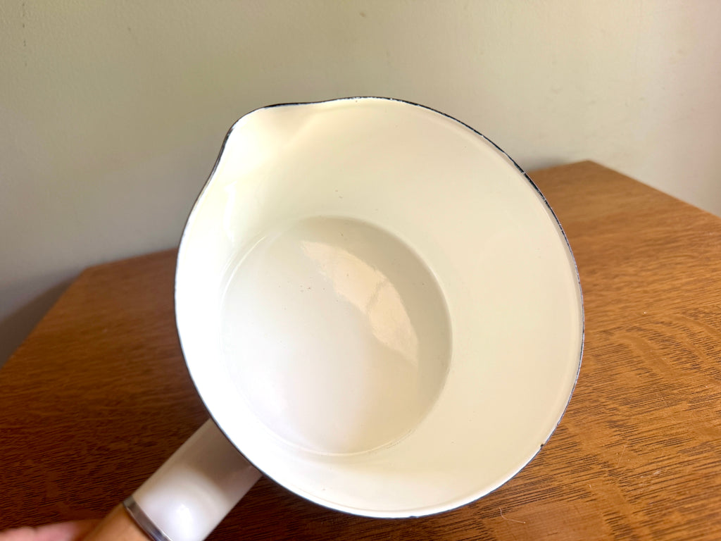 Vtg Cathrineholm Inspired Enamel Lotus Saucepan ~ Lotus Leaf Milk Pot With Spout and Wood Handle