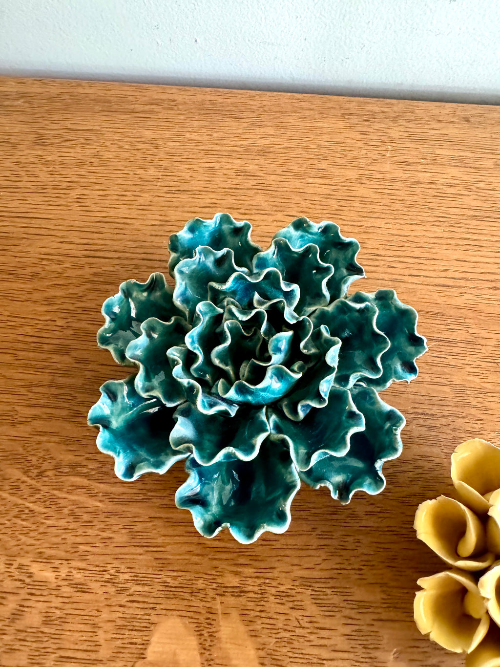 Vintage Pair of Ceramic Flower Wall Art | Yellow and Green Ceramic Botanical Art | Ceramic Sea Lettuce and Yellow Flower Set