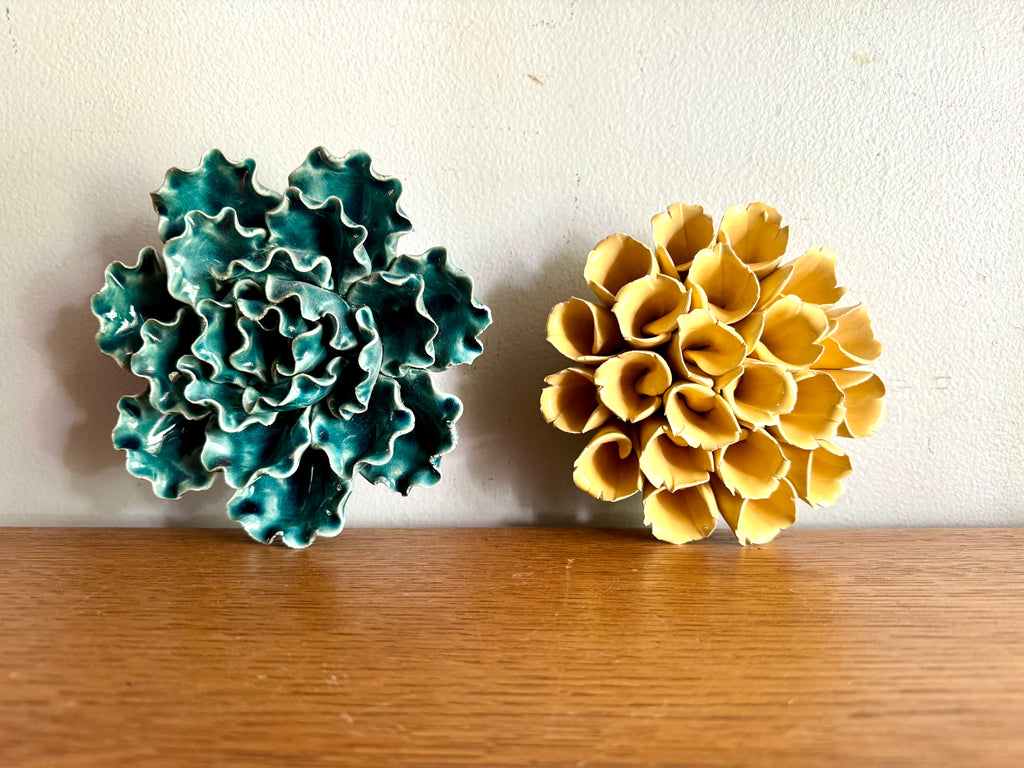 Vintage Pair of Ceramic Flower Wall Art | Yellow and Green Ceramic Botanical Art | Ceramic Sea Lettuce and Yellow Flower Set