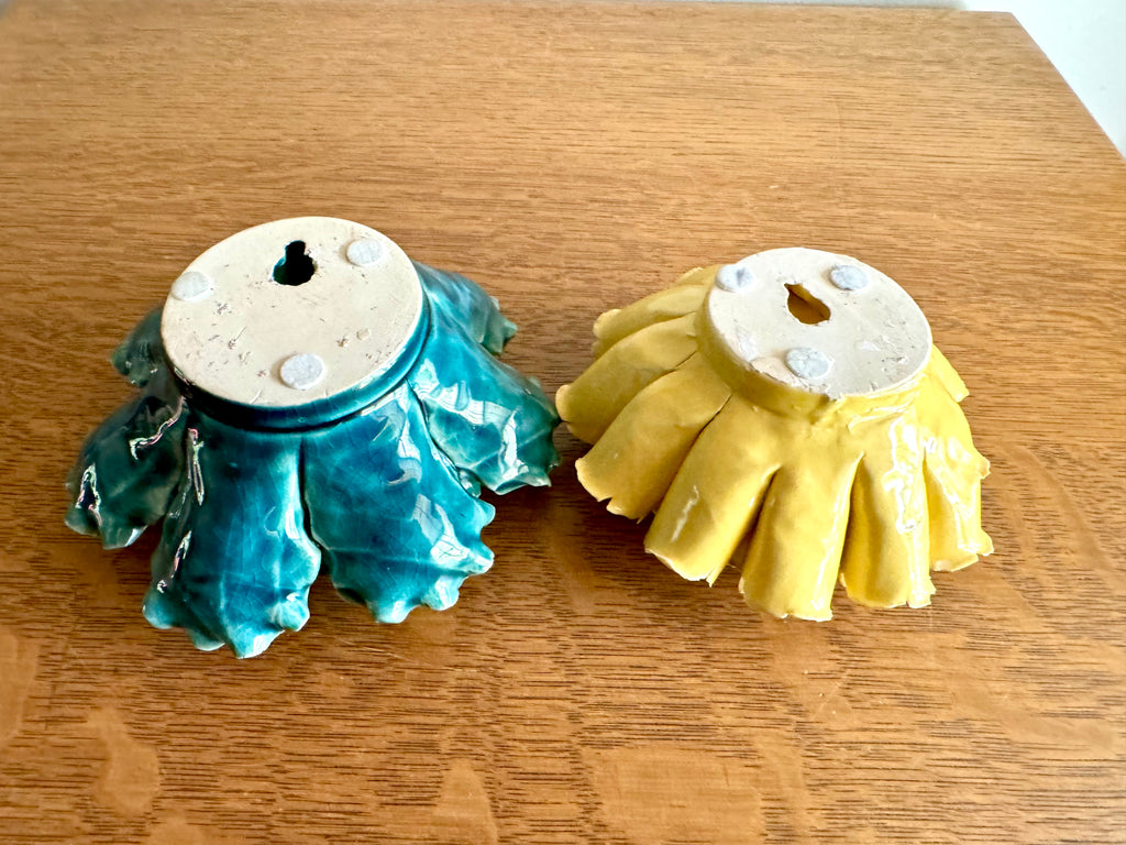 Vintage Pair of Ceramic Flower Wall Art | Yellow and Green Ceramic Botanical Art | Ceramic Sea Lettuce and Yellow Flower Set