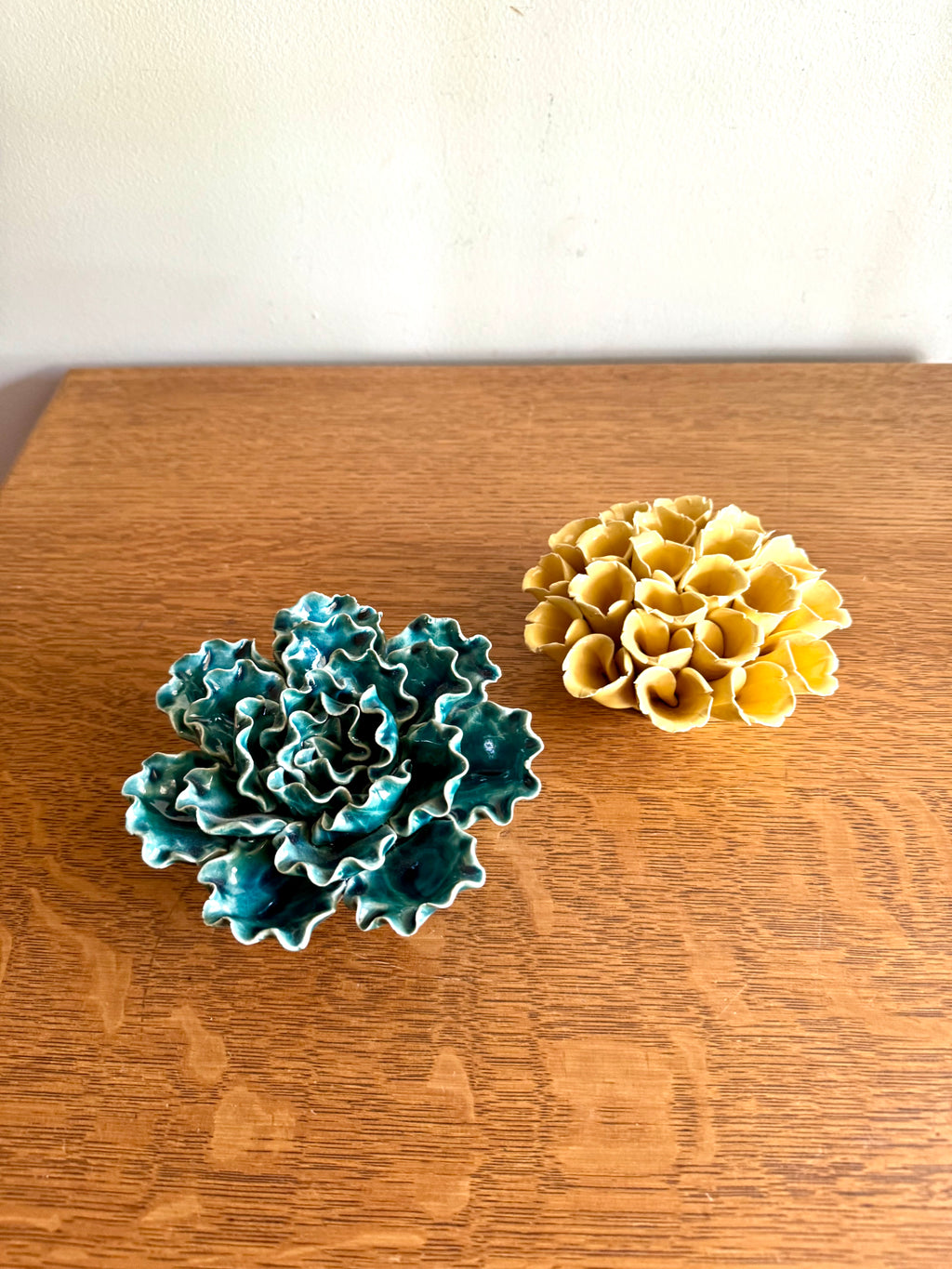 Vintage Pair of Ceramic Flower Wall Art | Yellow and Green Ceramic Botanical Art | Ceramic Sea Lettuce and Yellow Flower Set