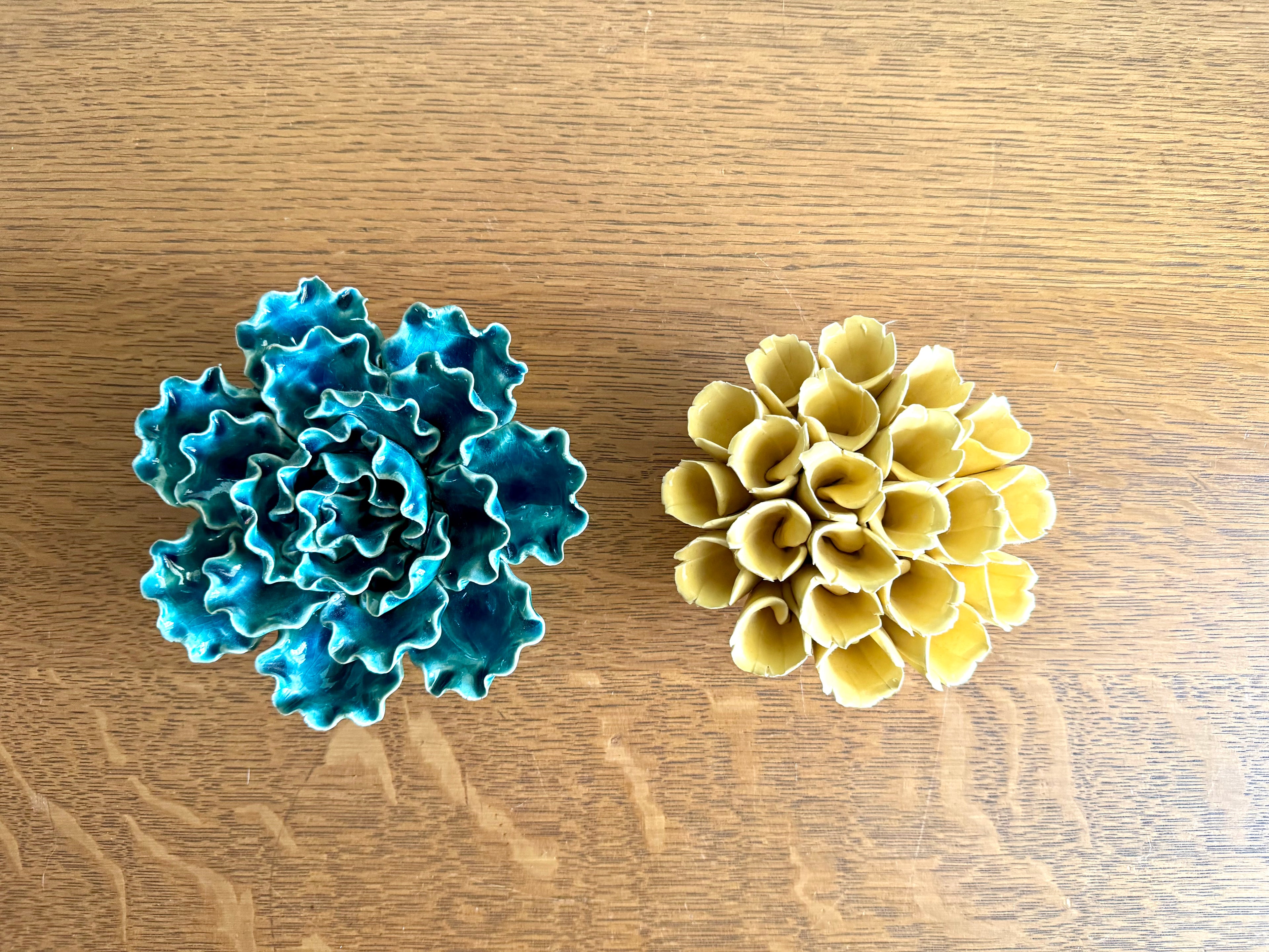 Vintage Pair of Ceramic Flower Wall Art | Yellow and Green Ceramic Botanical Art | Ceramic Sea Lettuce and Yellow Flower Set