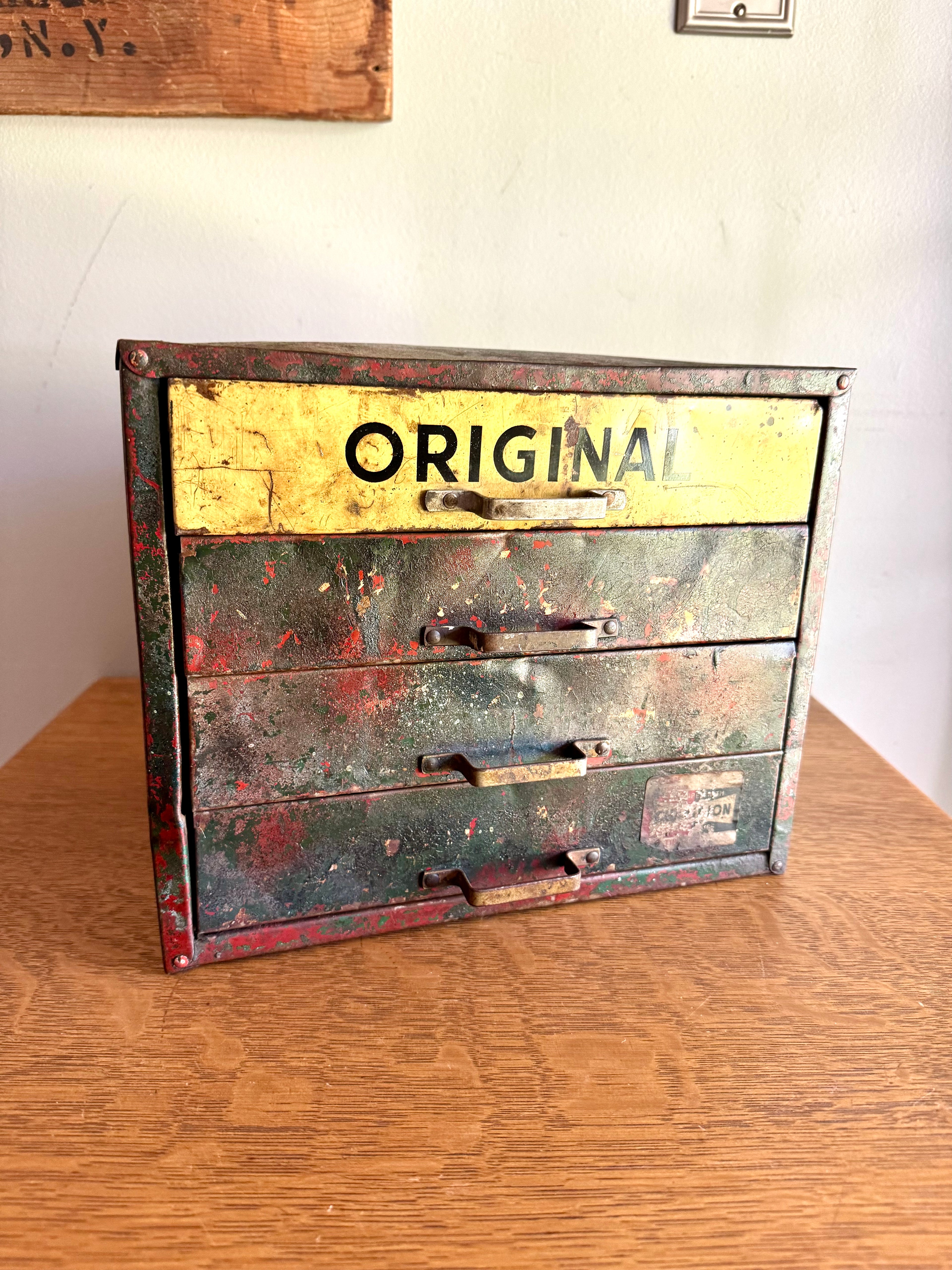 Vintage Distressed Weatherhead Original Equipment Fittings Cabinet | Rustic Metal 4 Drawer Organizer | Small Industrial 4 Drawer Parts Bin
