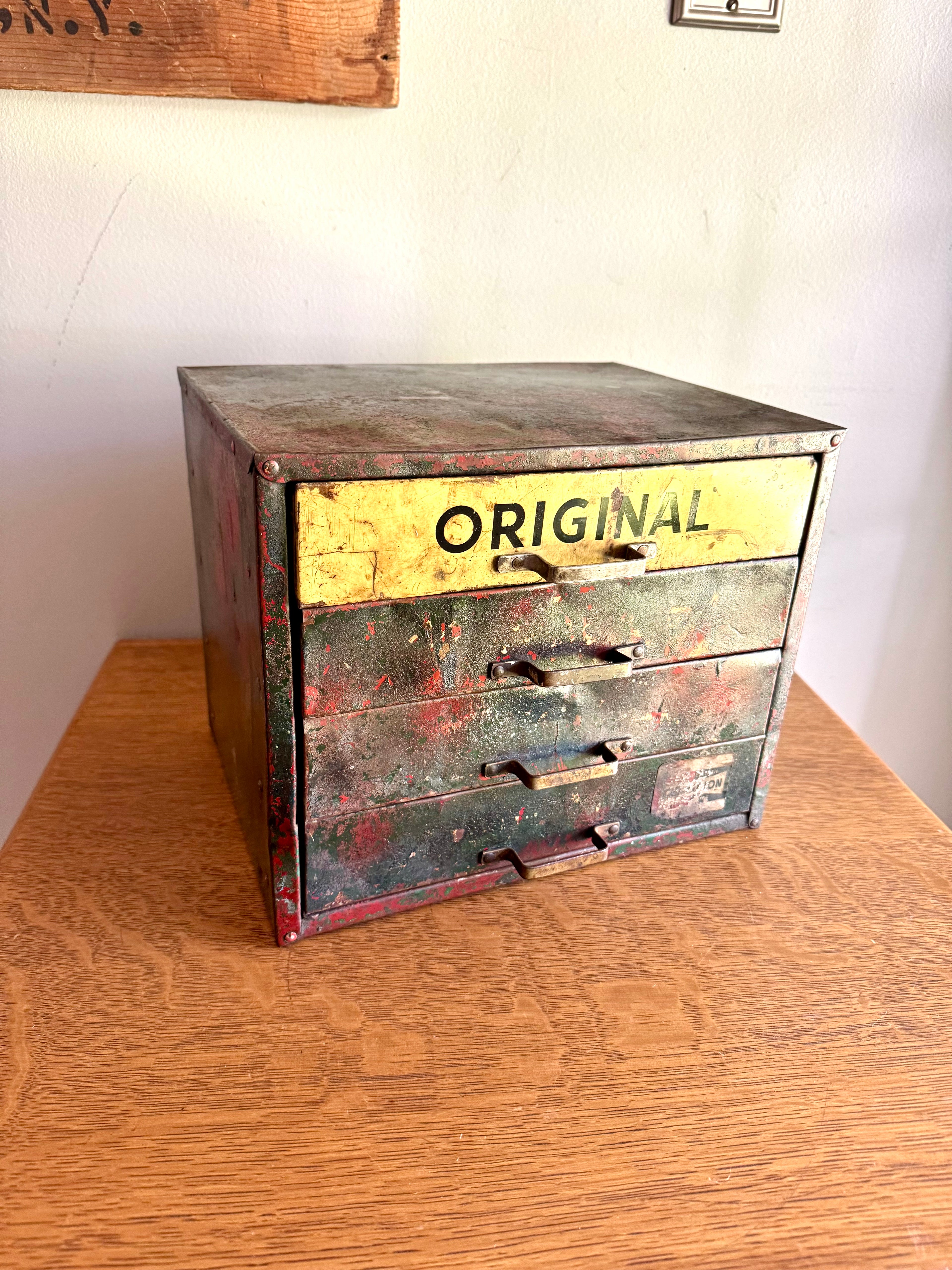 Vintage Distressed Weatherhead Original Equipment Fittings Cabinet | Rustic Metal 4 Drawer Organizer | Small Industrial 4 Drawer Parts Bin