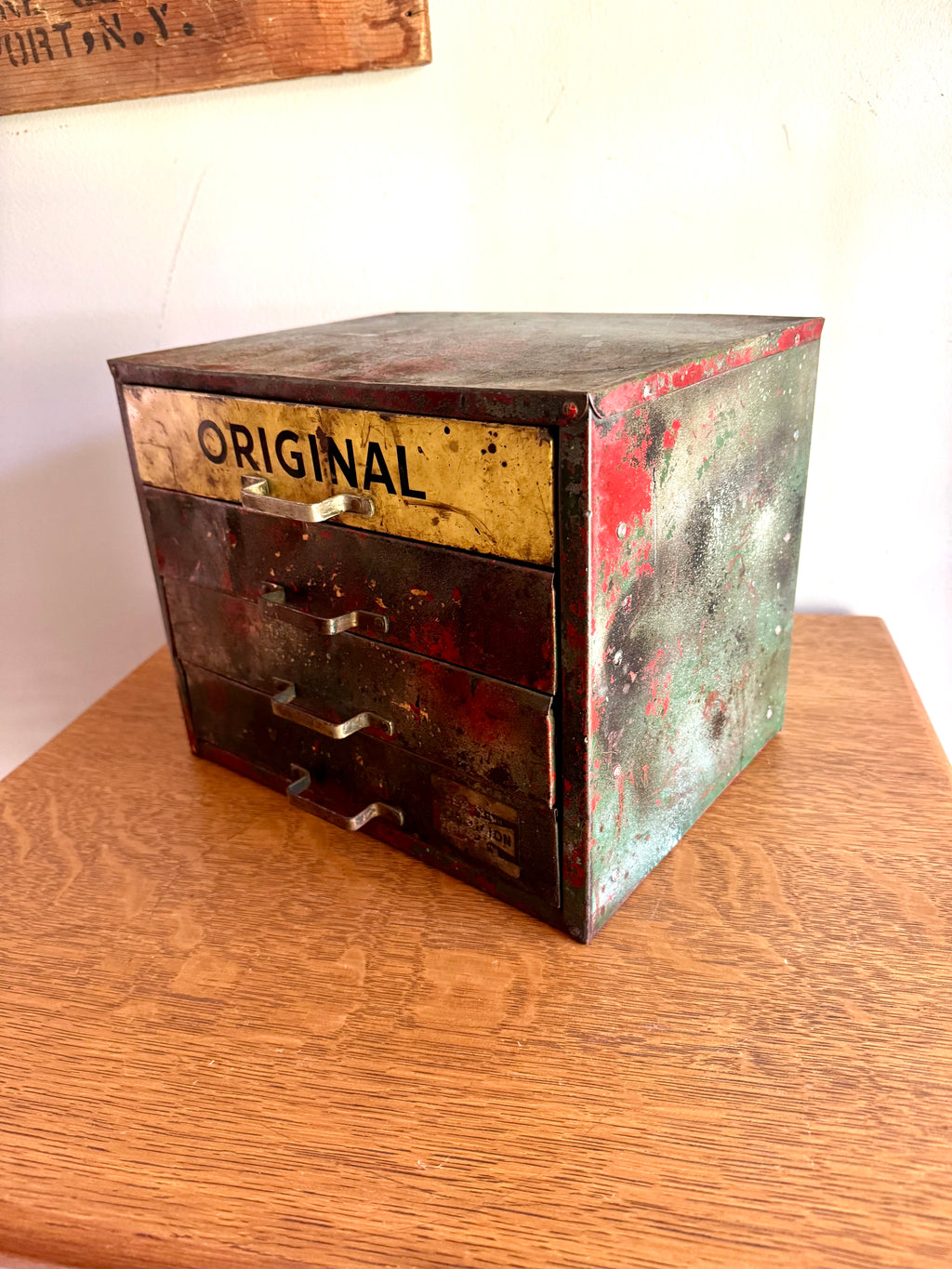Vintage Distressed Weatherhead Original Equipment Fittings Cabinet | Rustic Metal 4 Drawer Organizer | Small Industrial 4 Drawer Parts Bin