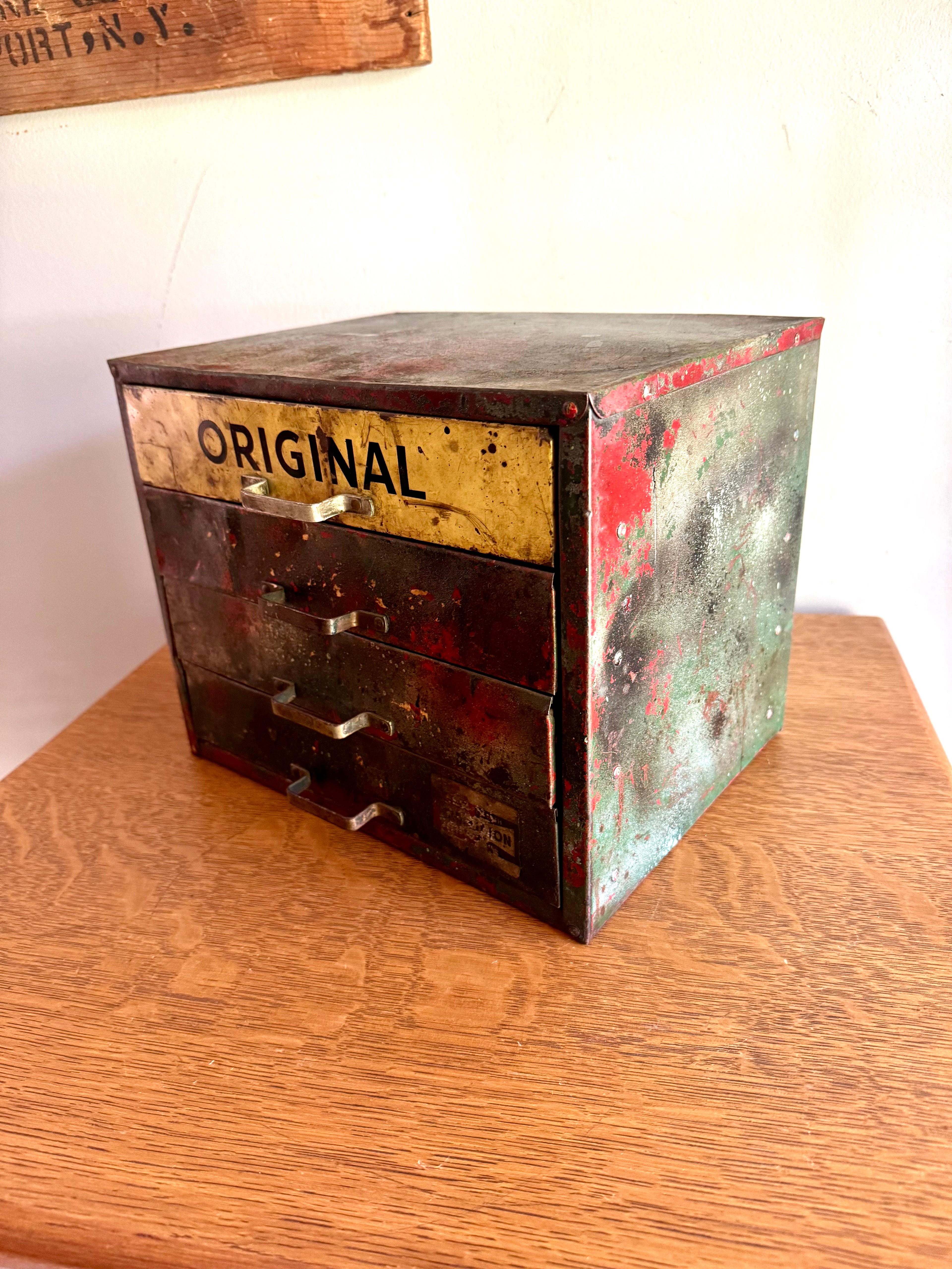 Vintage Distressed Weatherhead Original Equipment Fittings Cabinet | Rustic Metal 4 Drawer Organizer | Small Industrial 4 Drawer Parts Bin