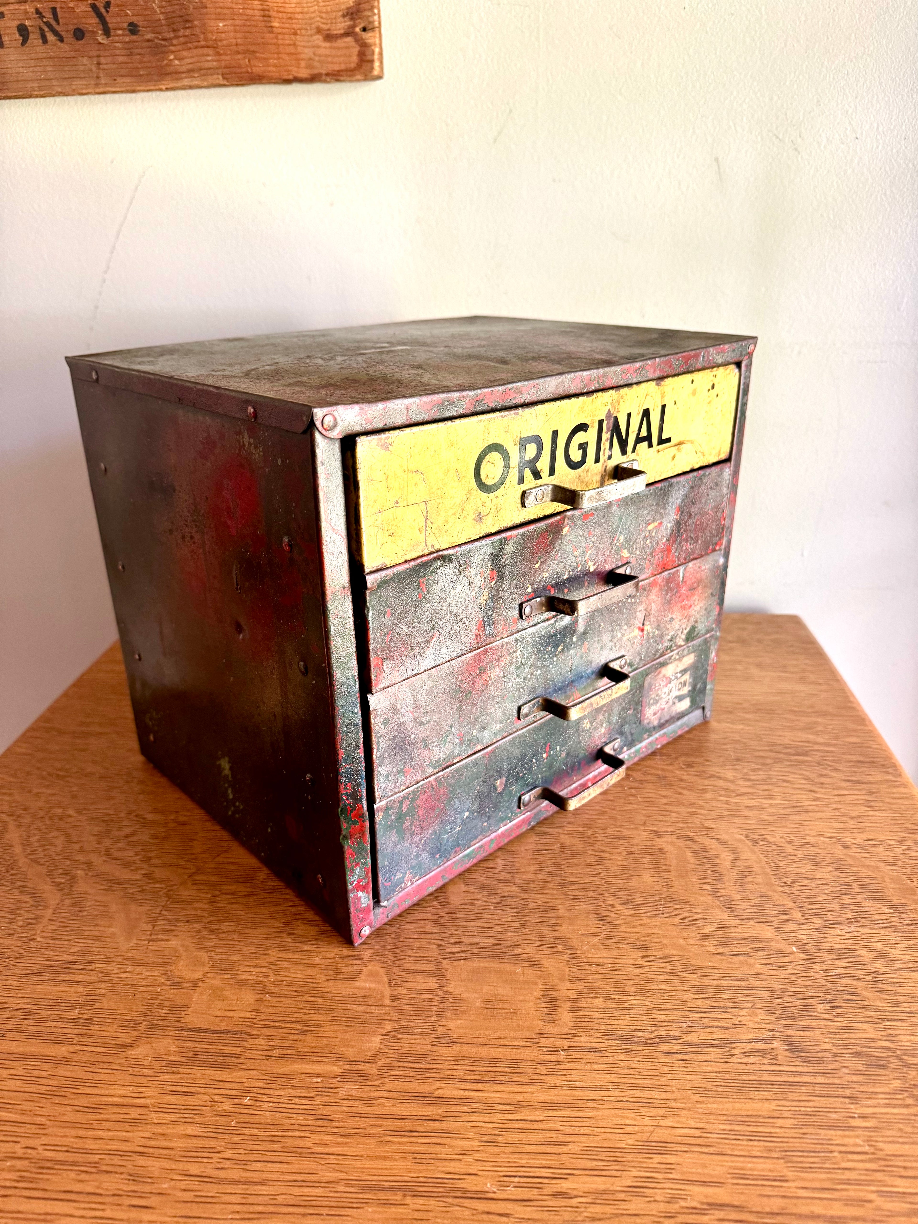 Vintage Distressed Weatherhead Original Equipment Fittings Cabinet | Rustic Metal 4 Drawer Organizer | Small Industrial 4 Drawer Parts Bin