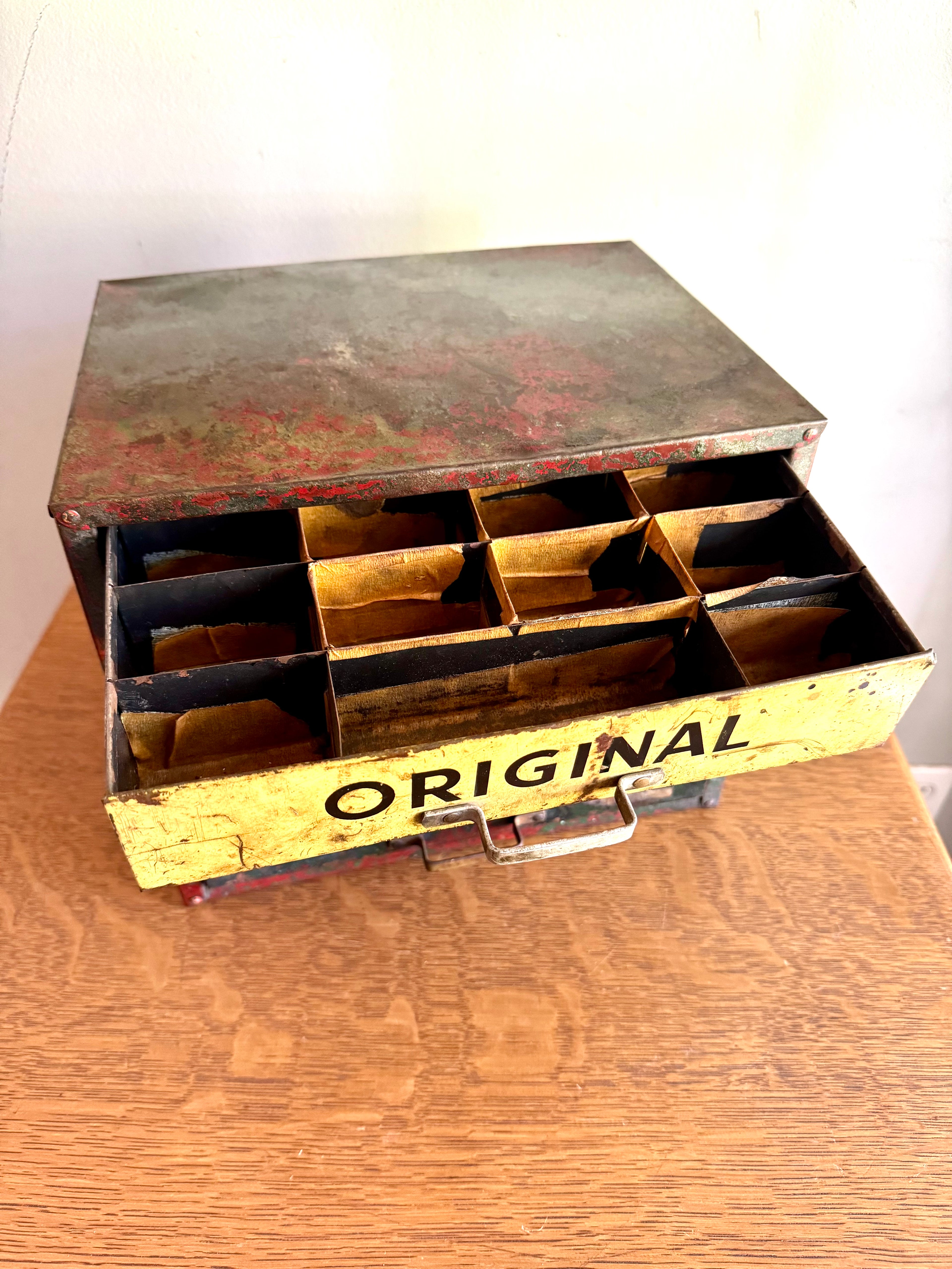 Vintage Distressed Weatherhead Original Equipment Fittings Cabinet | Rustic Metal 4 Drawer Organizer | Small Industrial 4 Drawer Parts Bin