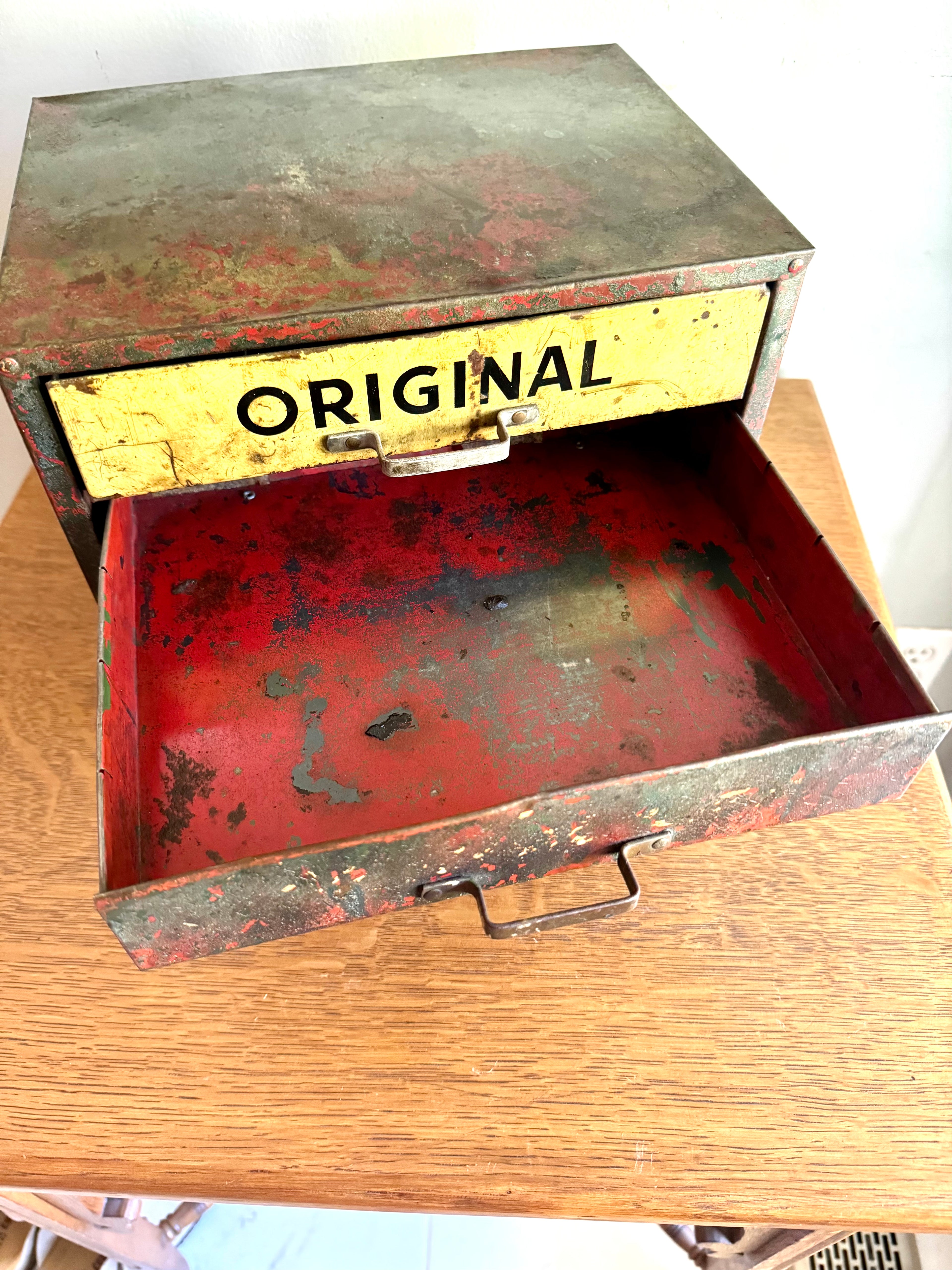 Vintage Distressed Weatherhead Original Equipment Fittings Cabinet | Rustic Metal 4 Drawer Organizer | Small Industrial 4 Drawer Parts Bin