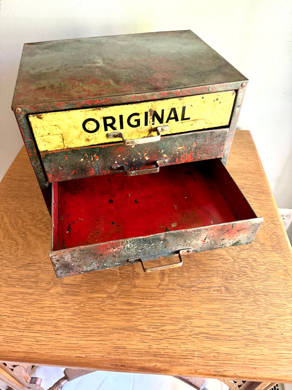 Vintage Distressed Weatherhead Original Equipment Fittings Cabinet | Rustic Metal 4 Drawer Organizer | Small Industrial 4 Drawer Parts Bin