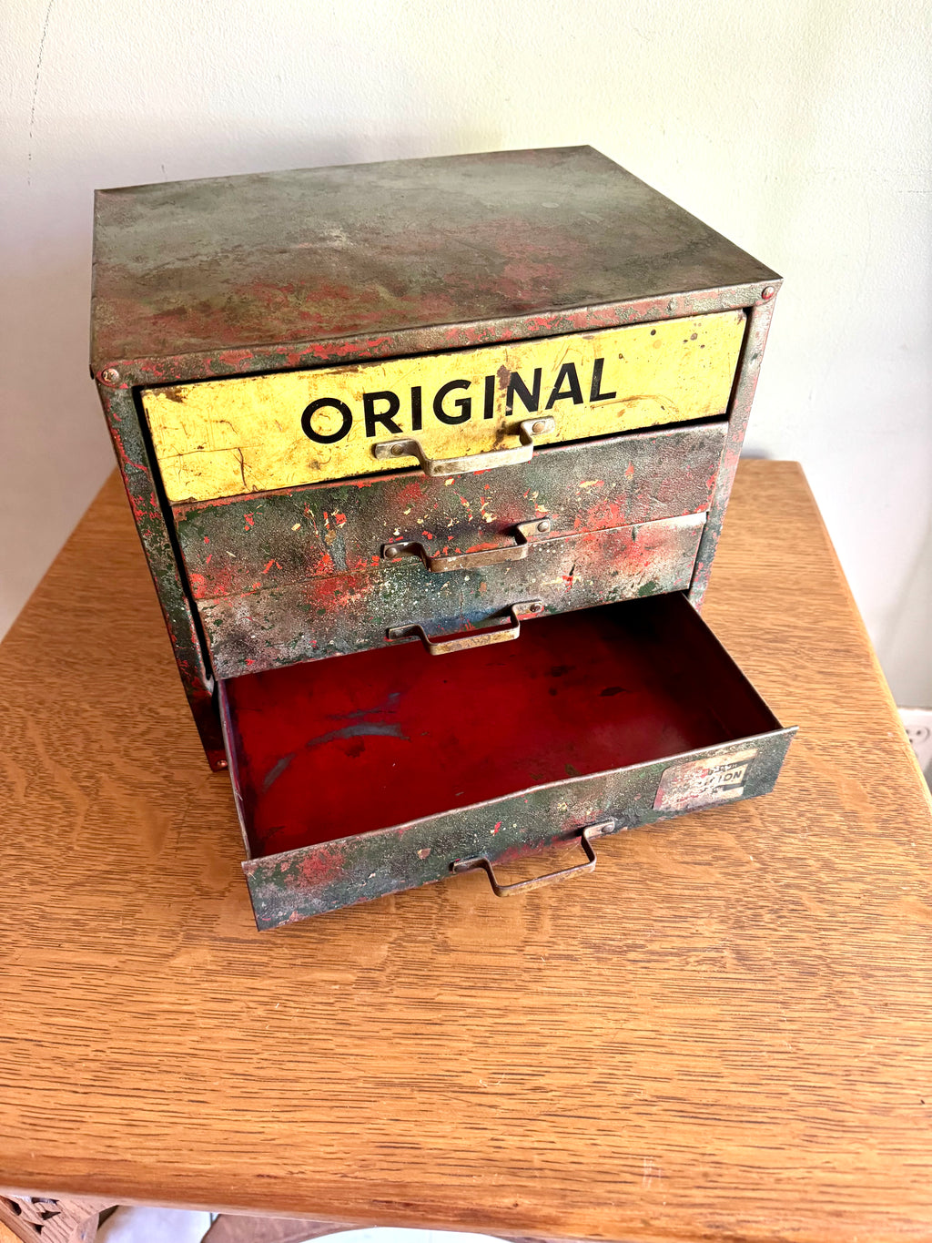 Vintage Distressed Weatherhead Original Equipment Fittings Cabinet | Rustic Metal 4 Drawer Organizer | Small Industrial 4 Drawer Parts Bin