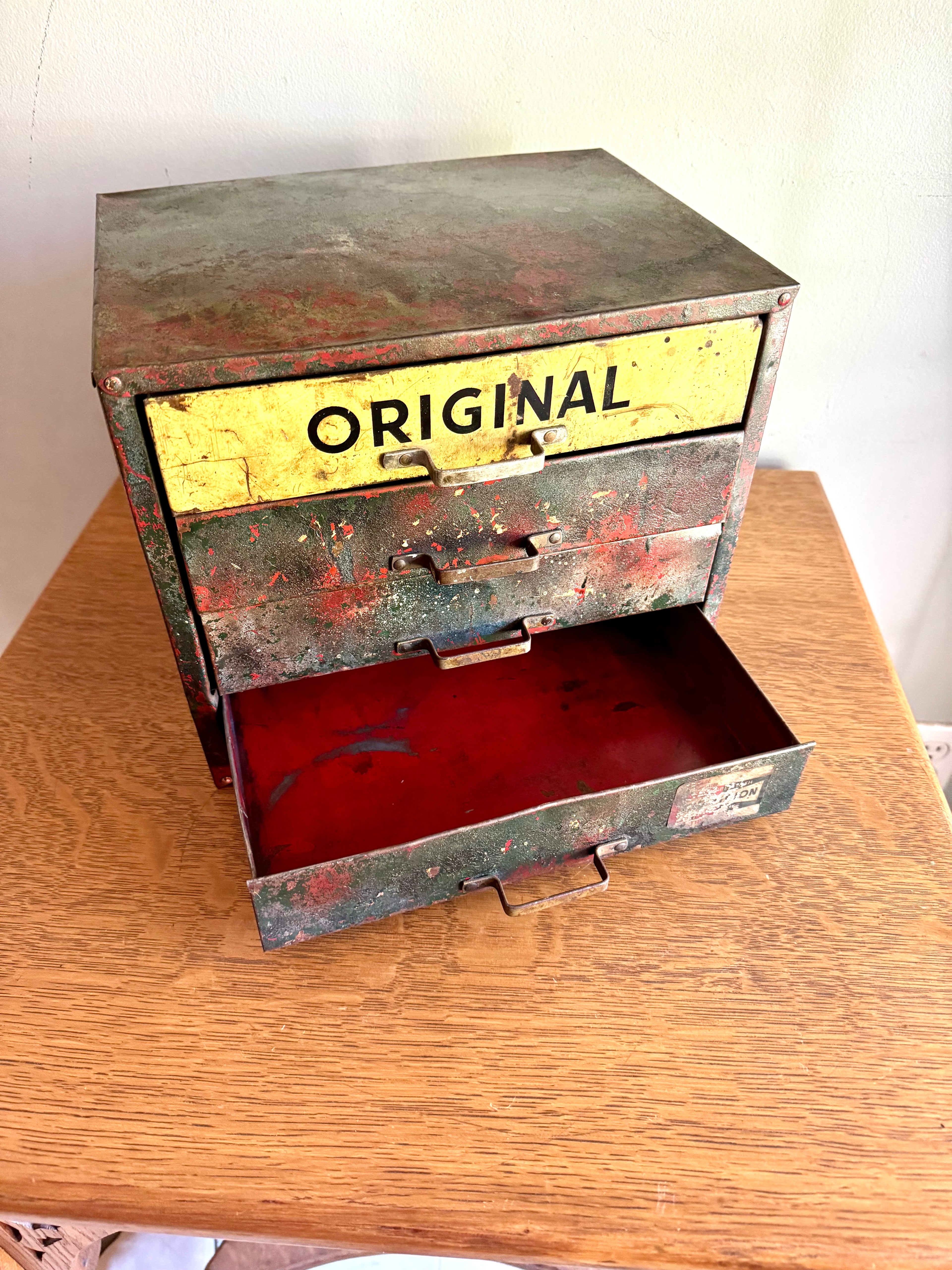 Vintage Distressed Weatherhead Original Equipment Fittings Cabinet | Rustic Metal 4 Drawer Organizer | Small Industrial 4 Drawer Parts Bin