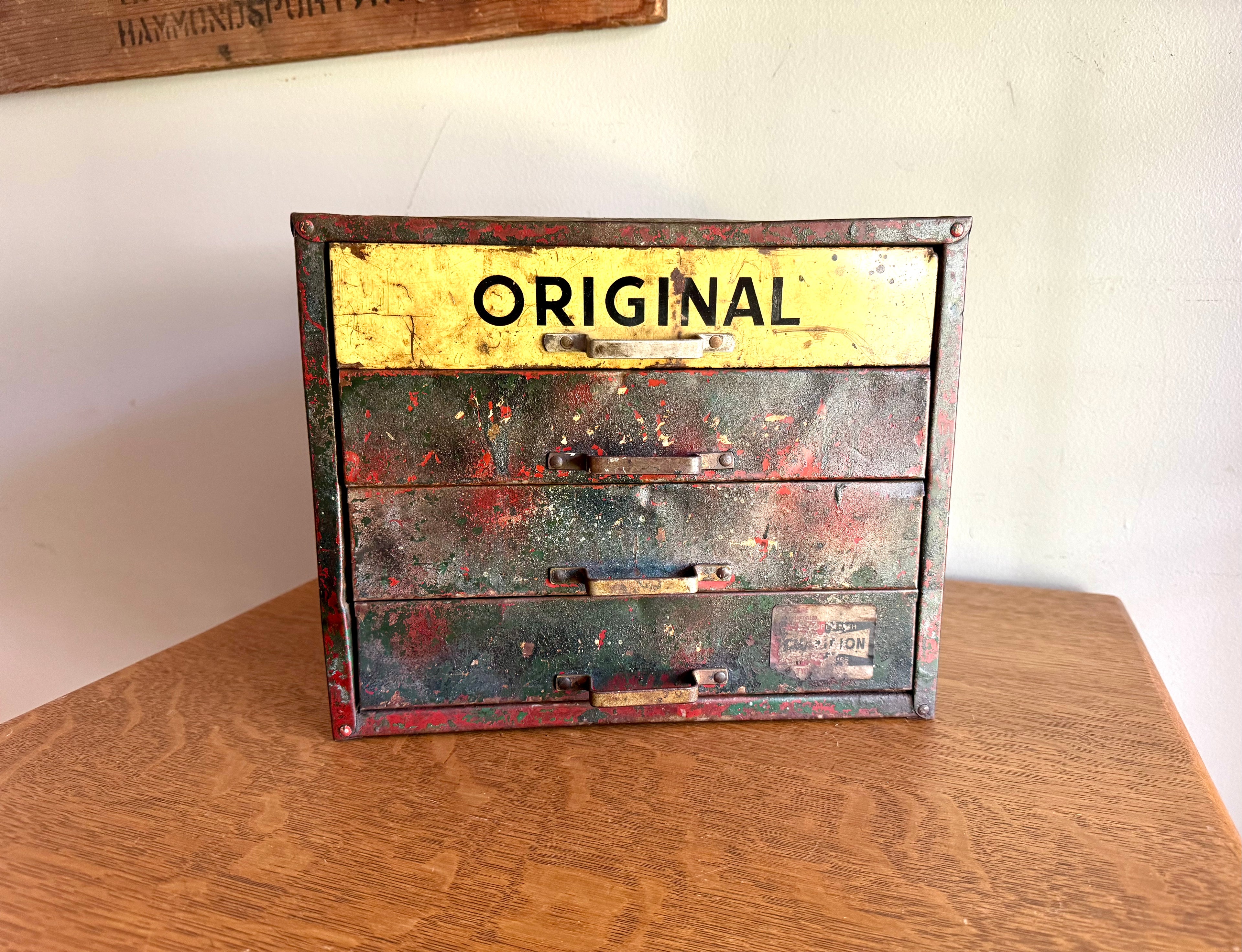 Vintage Distressed Weatherhead Original Equipment Fittings Cabinet | Rustic Metal 4 Drawer Organizer | Small Industrial 4 Drawer Parts Bin