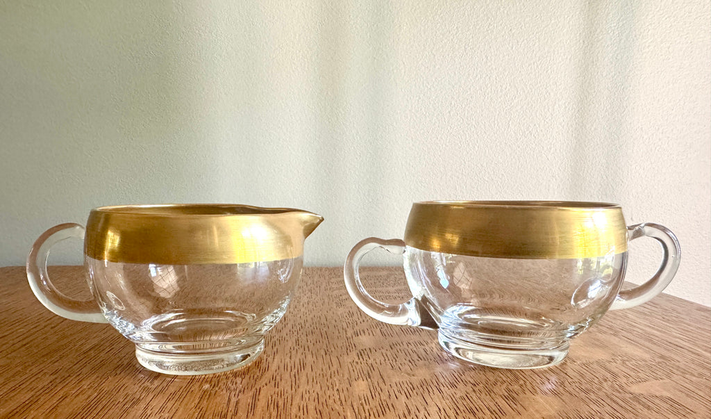 Vintage Dorothy Thorpe Style Glass Sugar Creamer Set ~ West Virginia Glass Midas Gold Band 60s MCM Creamer Set
