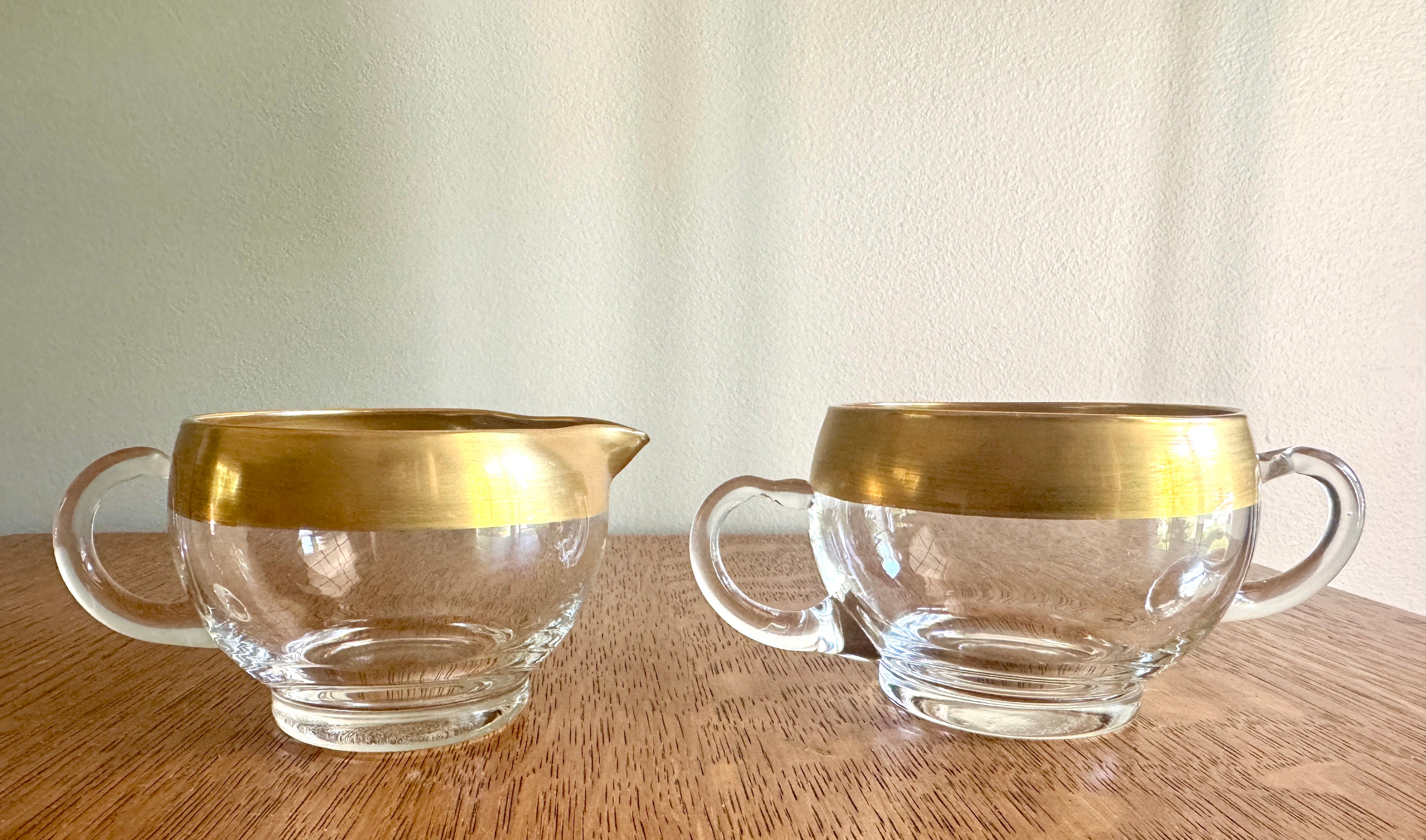 Vintage Dorothy Thorpe Style Glass Sugar Creamer Set ~ West Virginia Glass Midas Gold Band 60s MCM Creamer Set