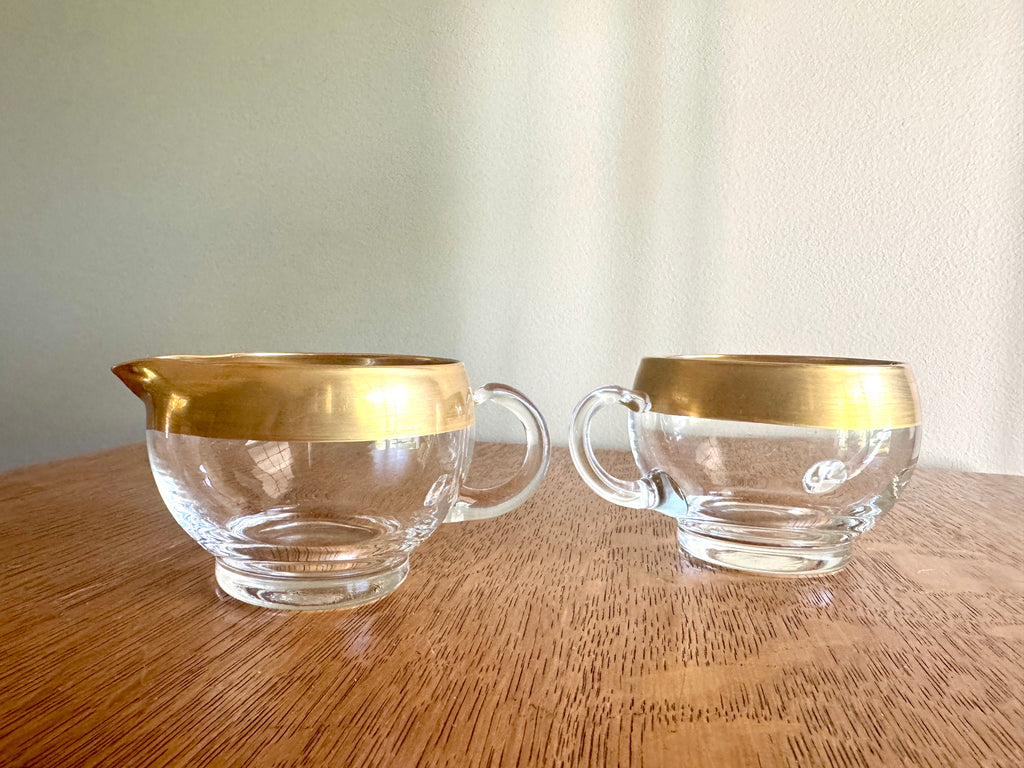 Vintage Dorothy Thorpe Style Glass Sugar Creamer Set ~ West Virginia Glass Midas Gold Band 60s MCM Creamer Set