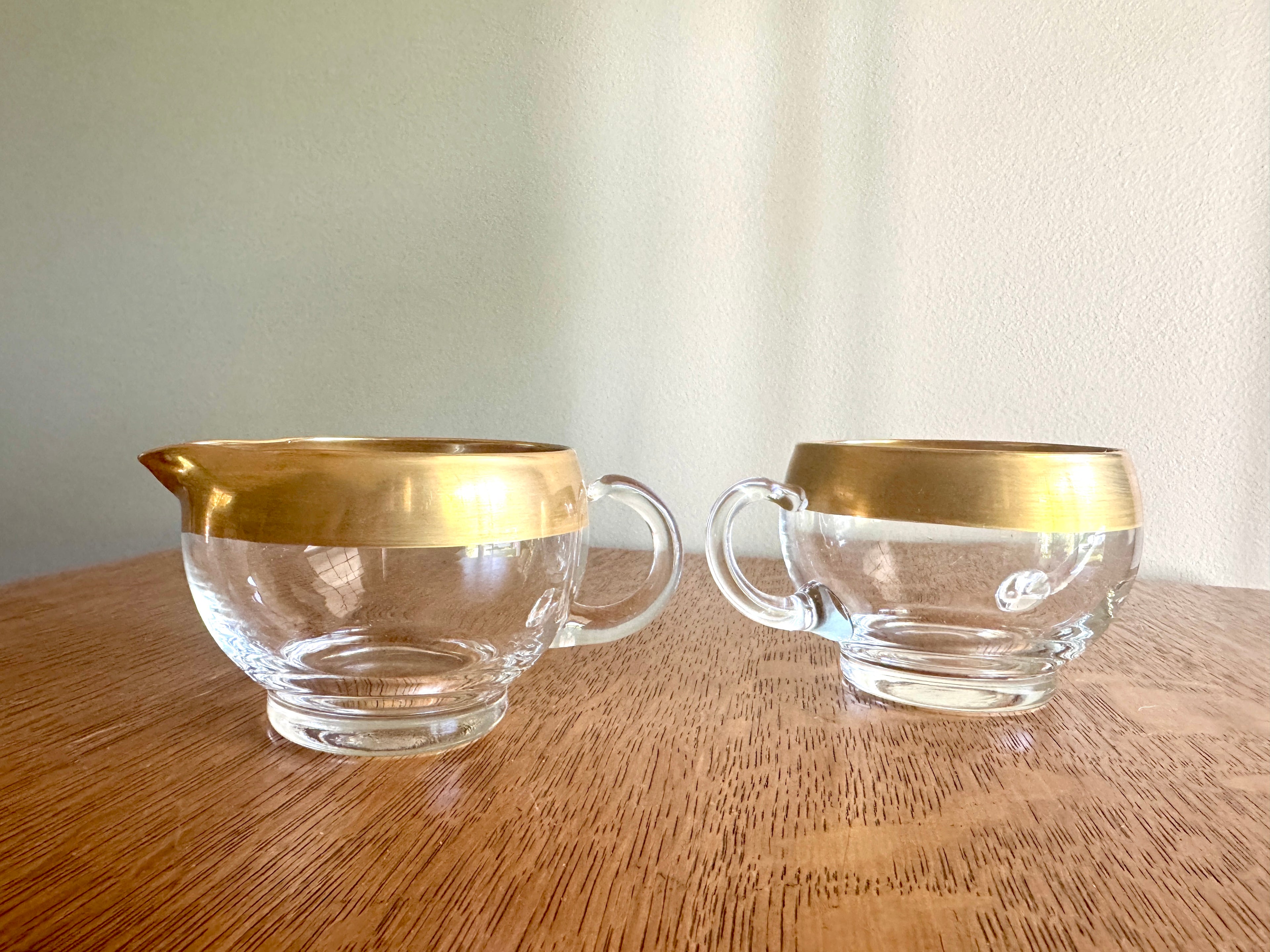 Vintage Dorothy Thorpe Style Glass Sugar Creamer Set ~ West Virginia Glass Midas Gold Band 60s MCM Creamer Set