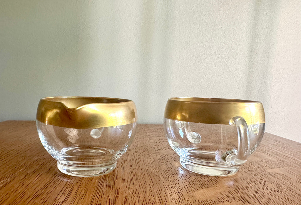Vintage Dorothy Thorpe Style Glass Sugar Creamer Set ~ West Virginia Glass Midas Gold Band 60s MCM Creamer Set