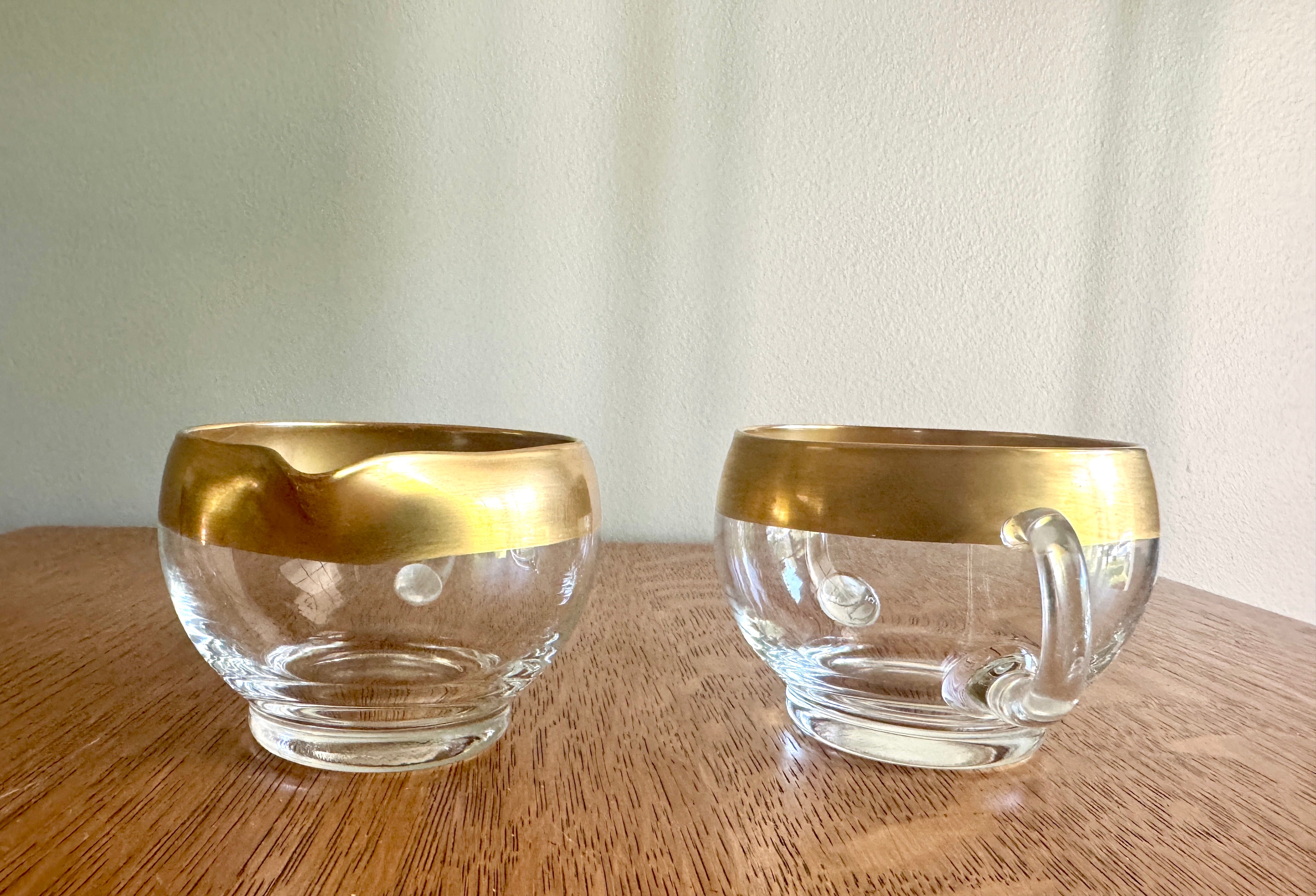 Vintage Dorothy Thorpe Style Glass Sugar Creamer Set ~ West Virginia Glass Midas Gold Band 60s MCM Creamer Set