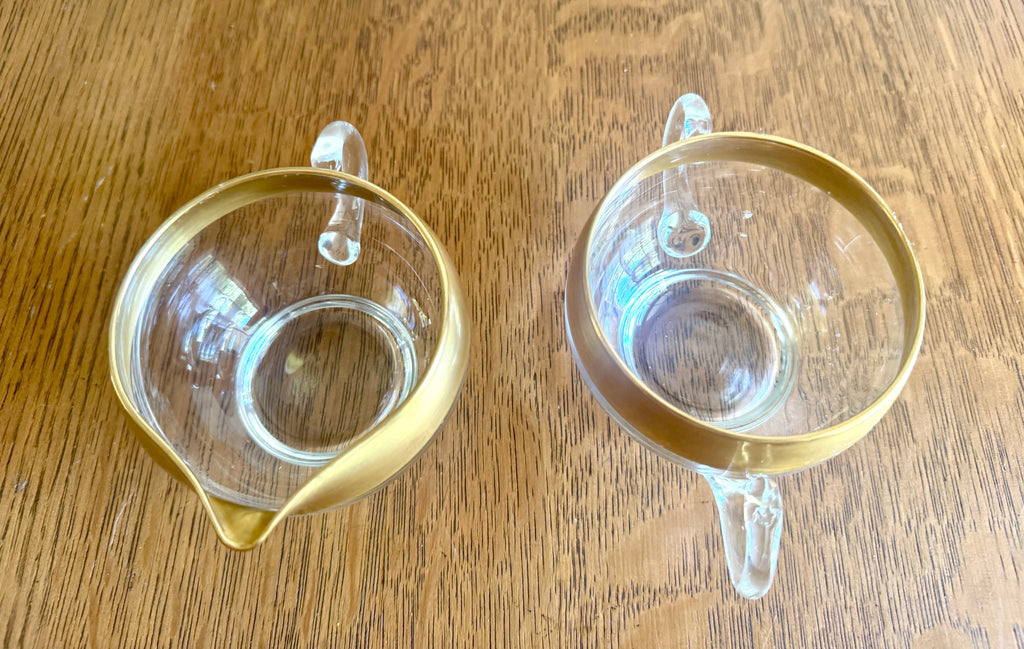 Vintage Dorothy Thorpe Style Glass Sugar Creamer Set ~ West Virginia Glass Midas Gold Band 60s MCM Creamer Set