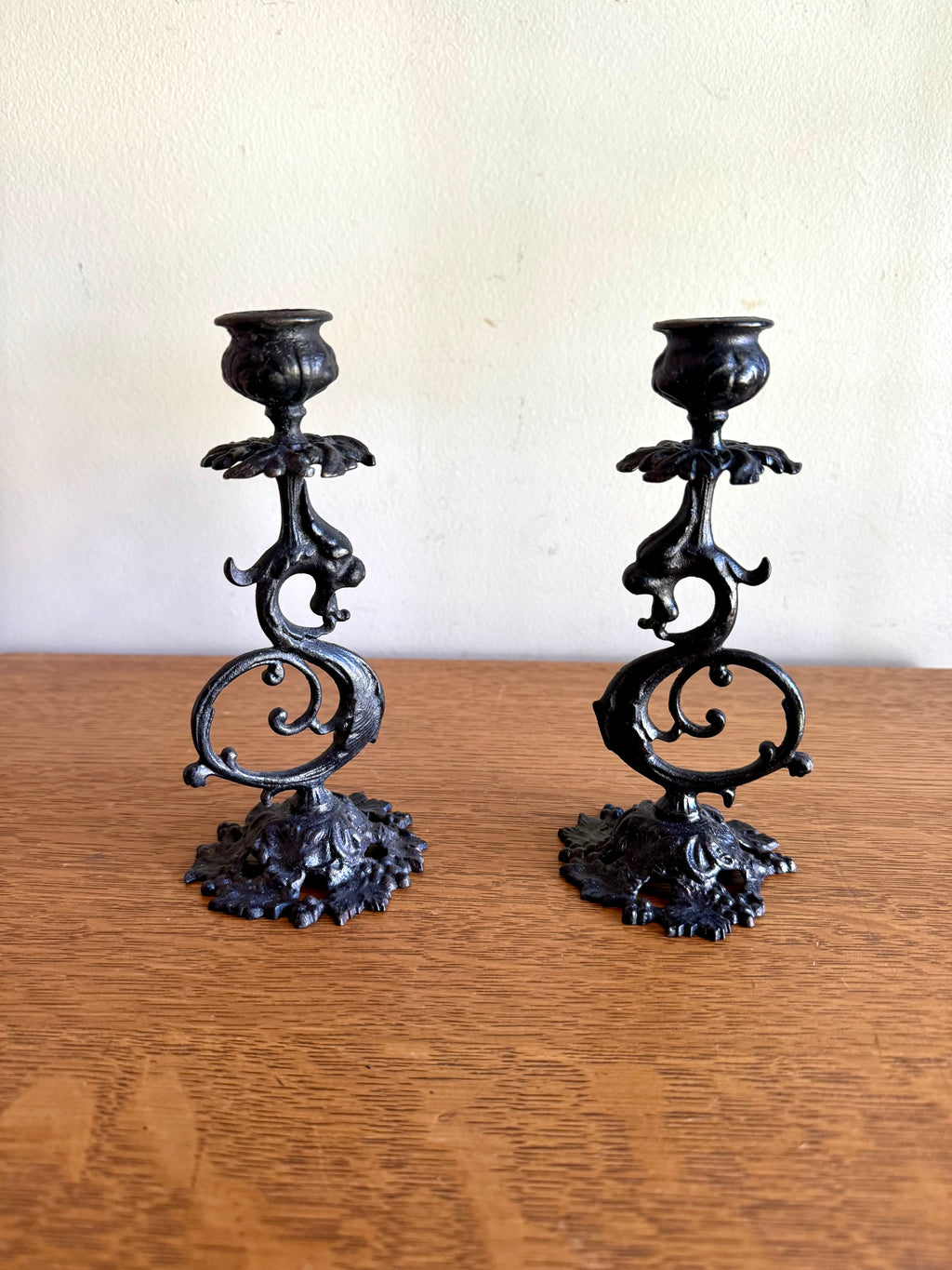 Antique Pair of Cast Iron Gothic Griffon Candle Holders| Oriental Dragon Metalware Candlestick Holders| Art Nouveau Black Cast Iron Griffons