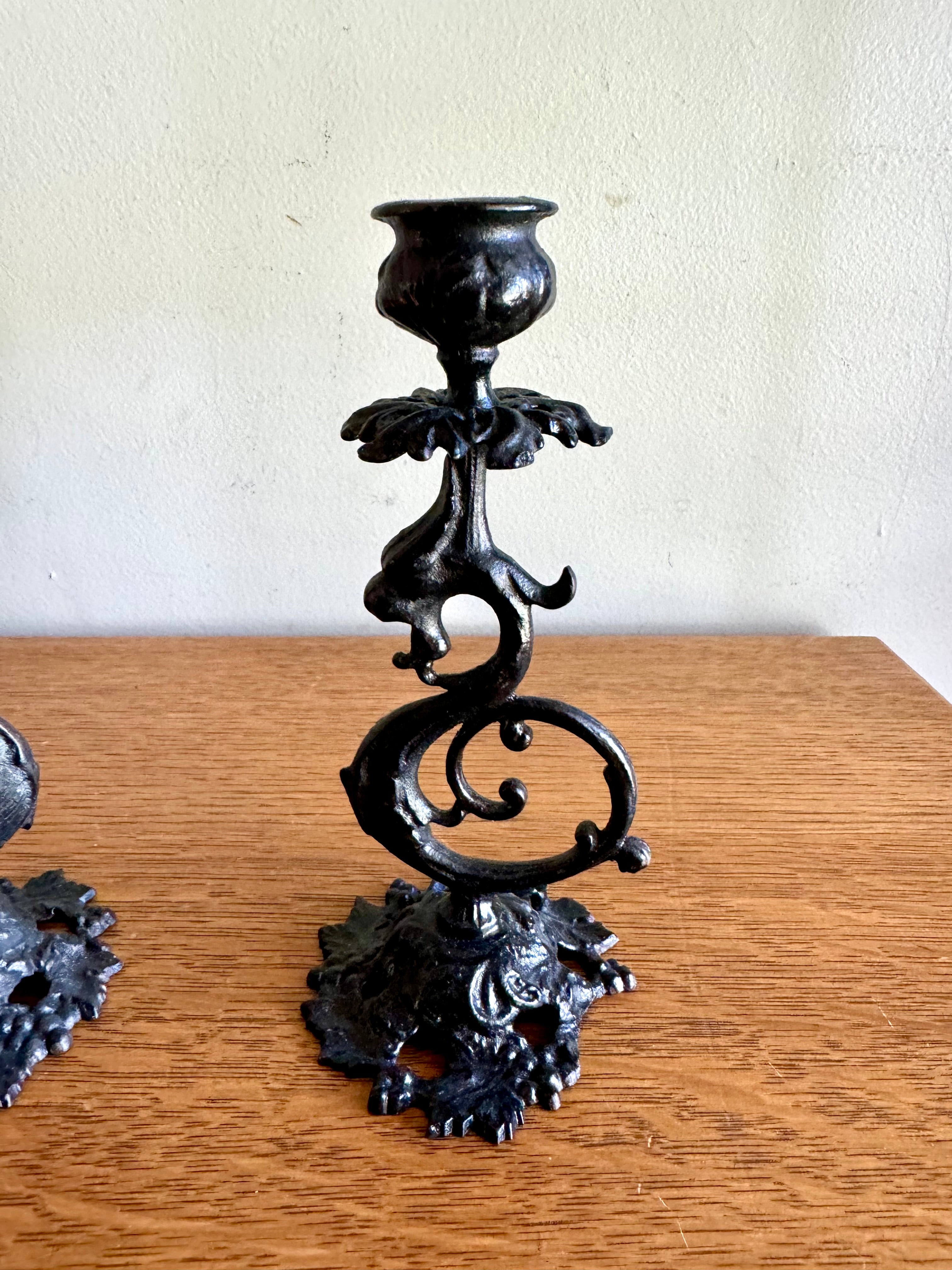 Antique Pair of Cast Iron Gothic Griffon Candle Holders| Oriental Dragon Metalware Candlestick Holders| Art Nouveau Black Cast Iron Griffons