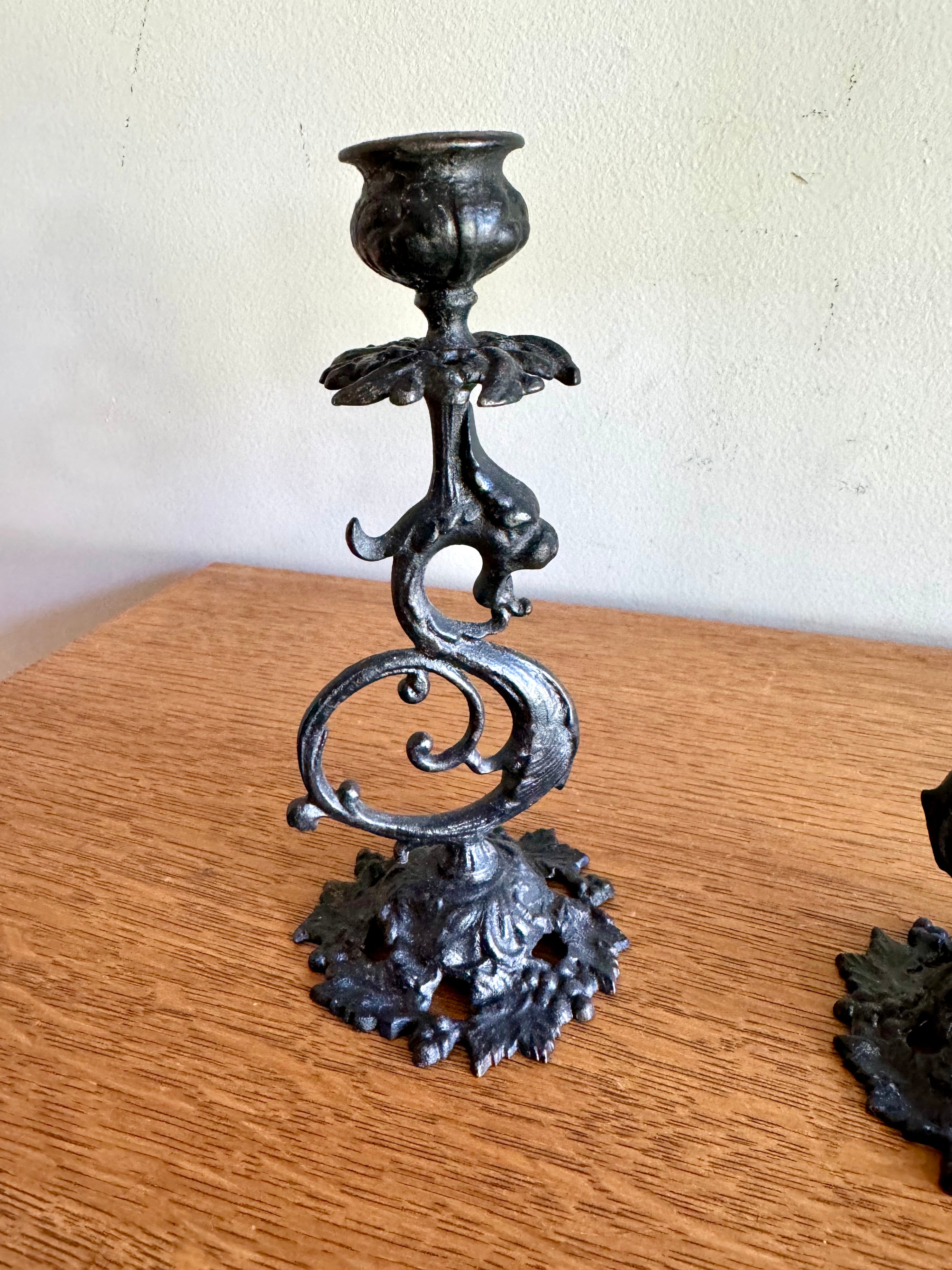 Antique Pair of Cast Iron Gothic Griffon Candle Holders| Oriental Dragon Metalware Candlestick Holders| Art Nouveau Black Cast Iron Griffons