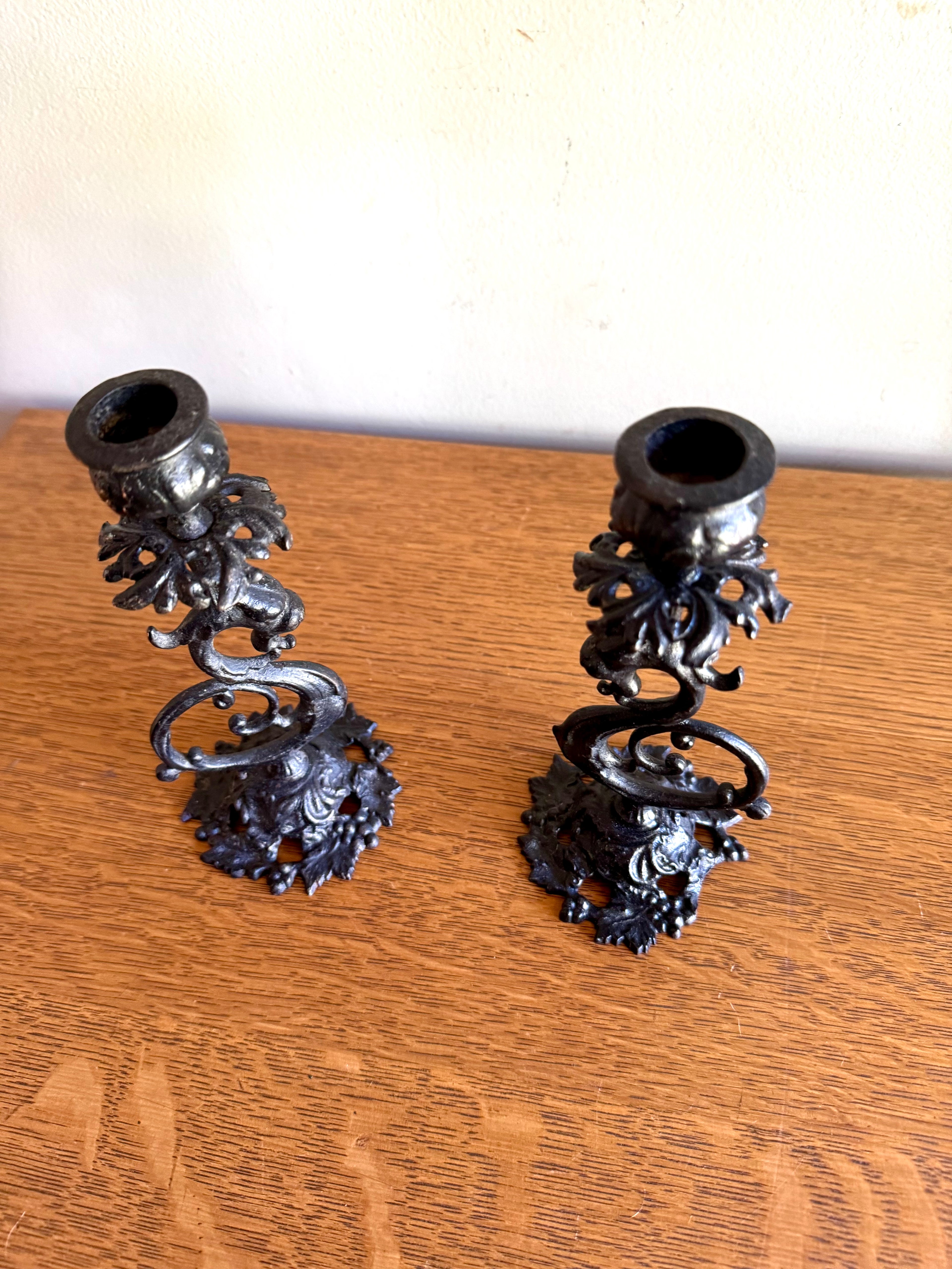 Antique Pair of Cast Iron Gothic Griffon Candle Holders| Oriental Dragon Metalware Candlestick Holders| Art Nouveau Black Cast Iron Griffons