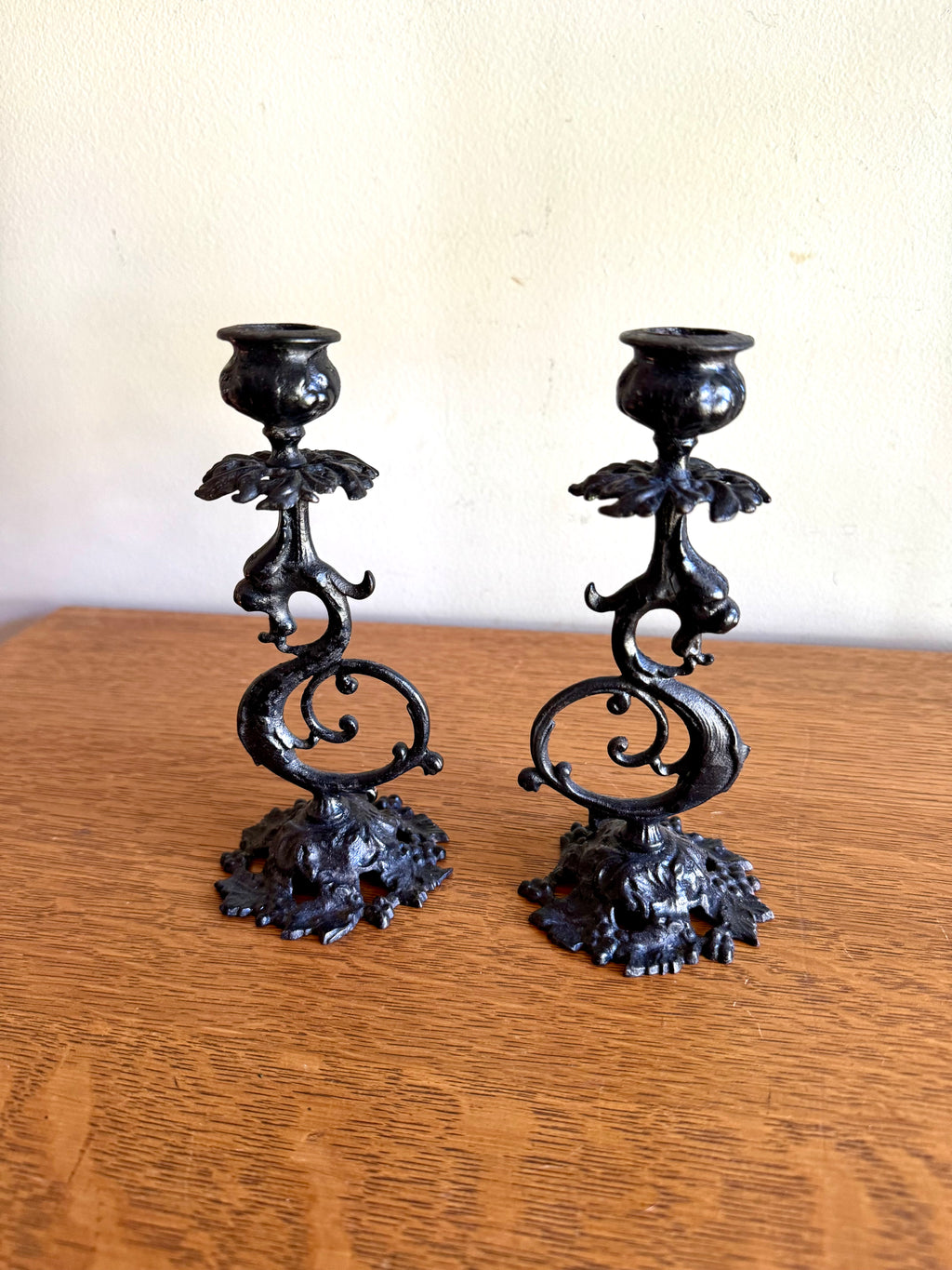 Antique Pair of Cast Iron Gothic Griffon Candle Holders| Oriental Dragon Metalware Candlestick Holders| Art Nouveau Black Cast Iron Griffons