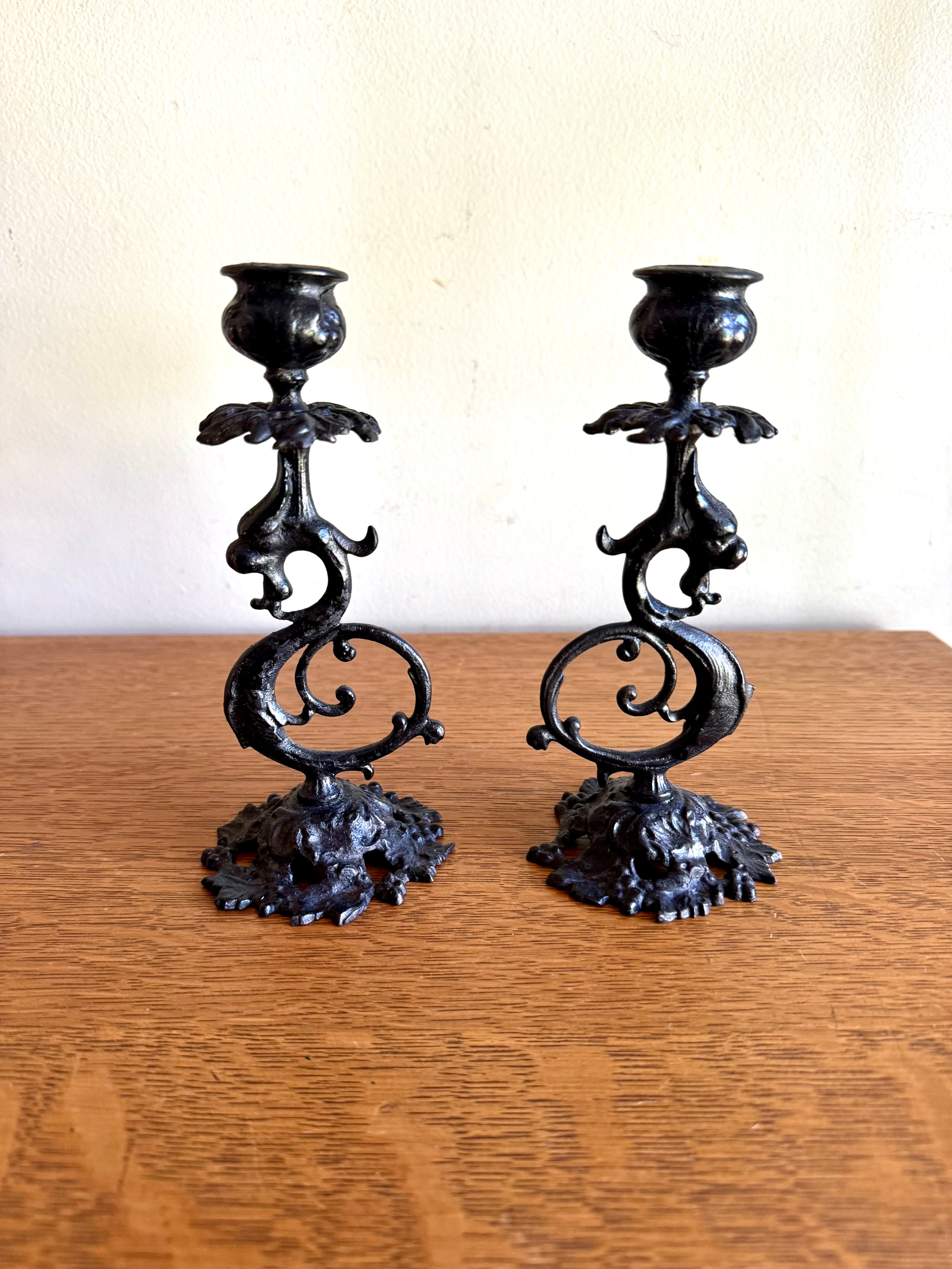 Antique Pair of Cast Iron Gothic Griffon Candle Holders| Oriental Dragon Metalware Candlestick Holders| Art Nouveau Black Cast Iron Griffons