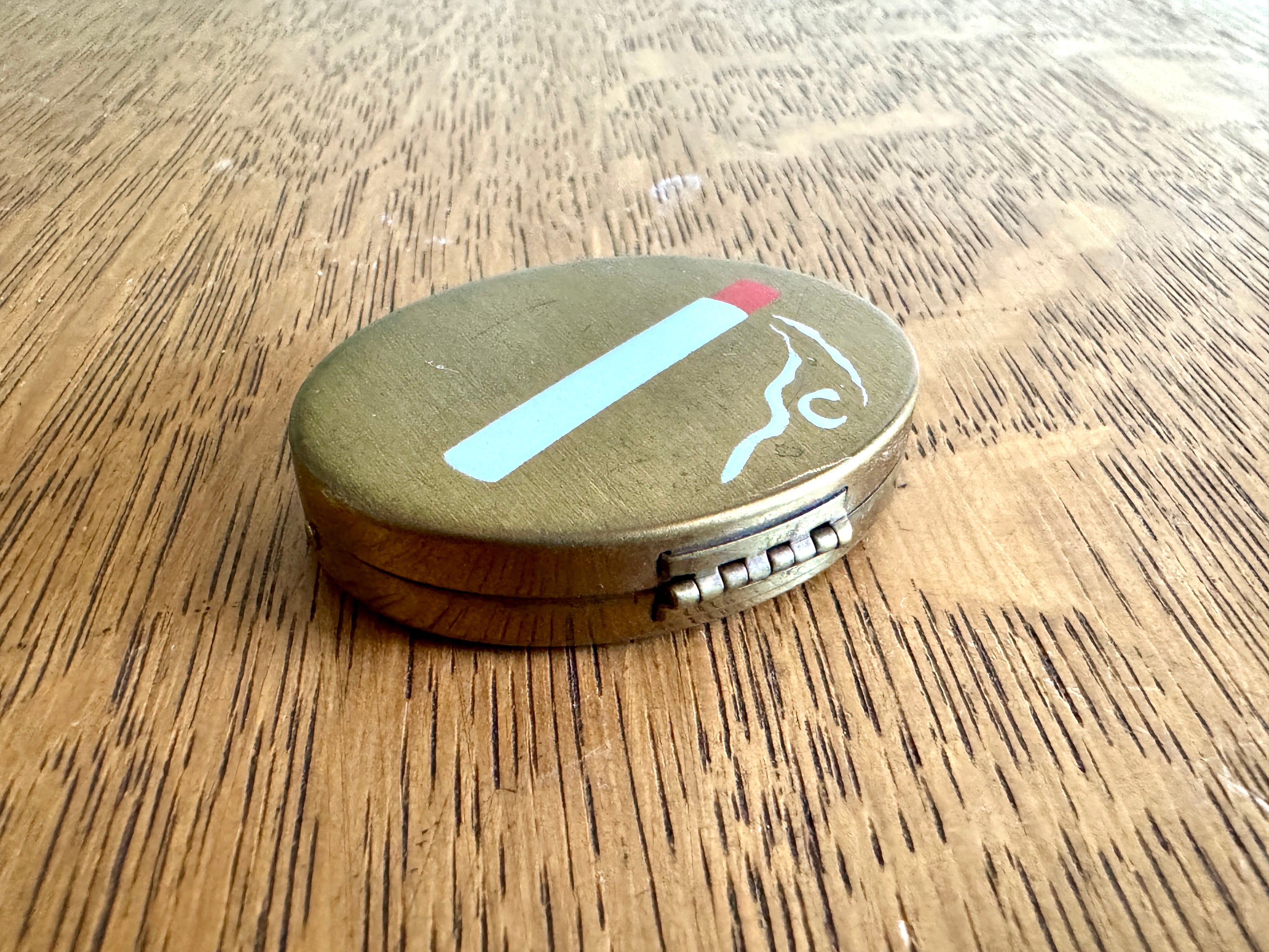 Vintage Frida Kahlo Style Portable Pocket Ashtray Hand Painted ~ 30's Brass Pocket Ashtray
