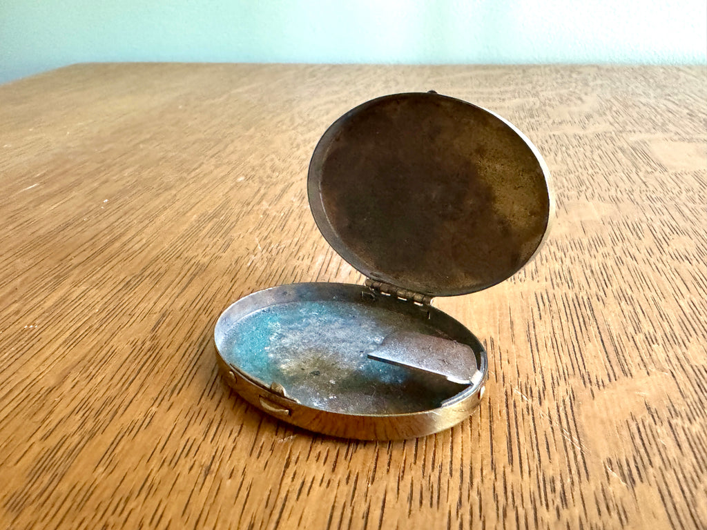 Vintage Frida Kahlo Style Portable Pocket Ashtray Hand Painted ~ 30's Brass Pocket Ashtray