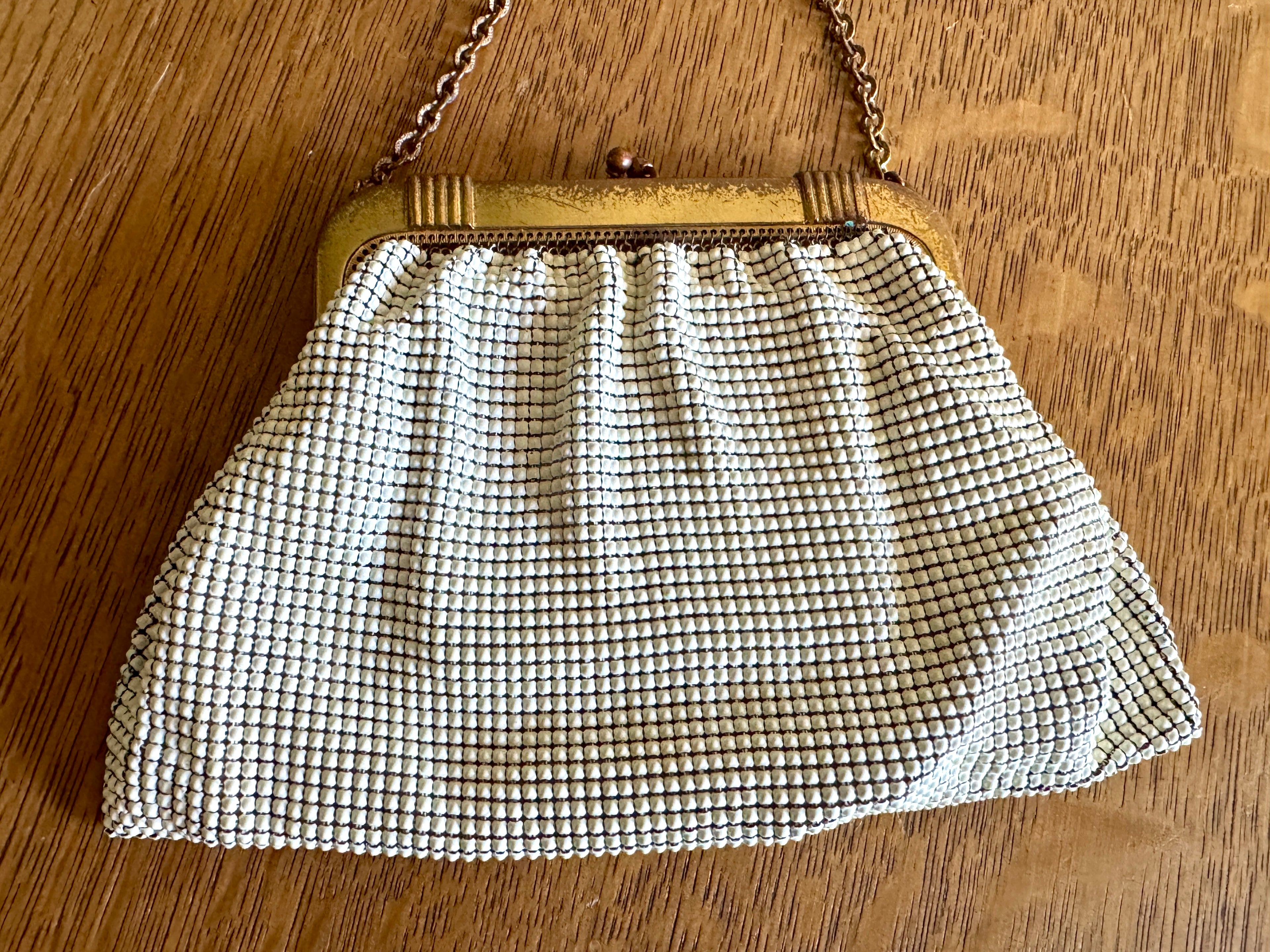 A 1960s Whiting & Davis Gold and White Mesh Hand Bag ~ Mesh Bridal Bag ~ Evening bag