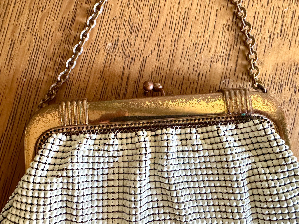A 1960s Whiting & Davis Gold and White Mesh Hand Bag ~ Mesh Bridal Bag ~ Evening bag