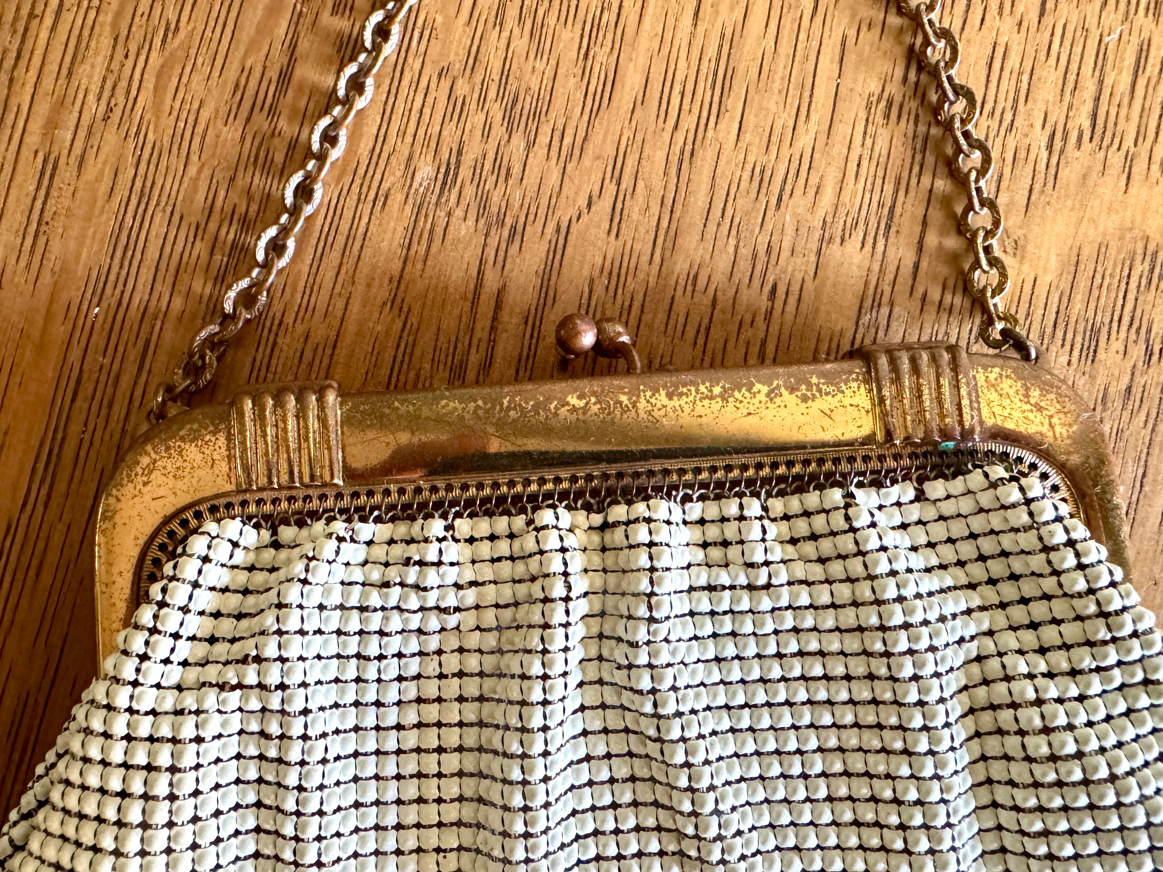A 1960s Whiting & Davis Gold and White Mesh Hand Bag ~ Mesh Bridal Bag ~ Evening bag