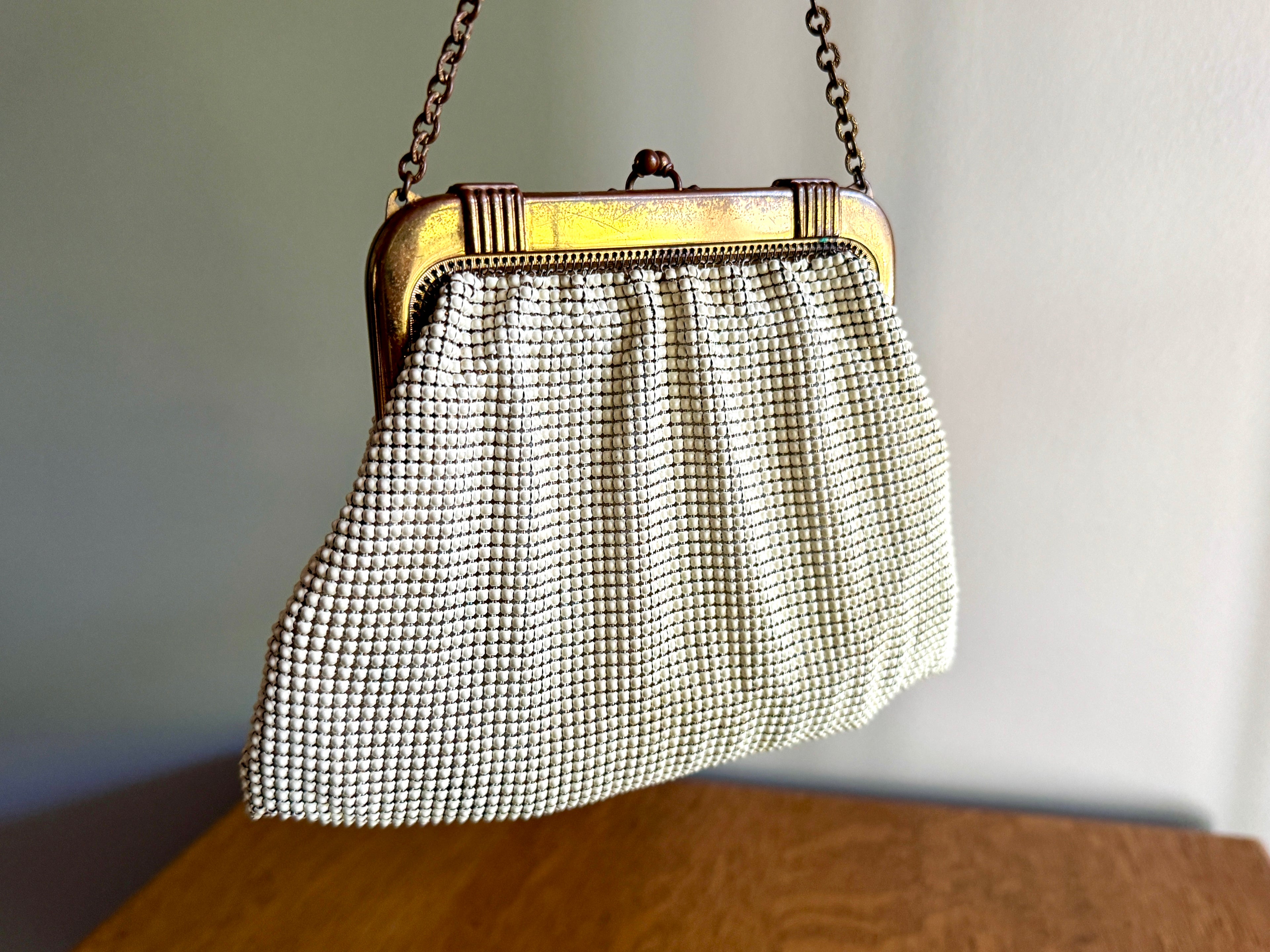A 1960s Whiting & Davis Gold and White Mesh Hand Bag ~ Mesh Bridal Bag ~ Evening bag