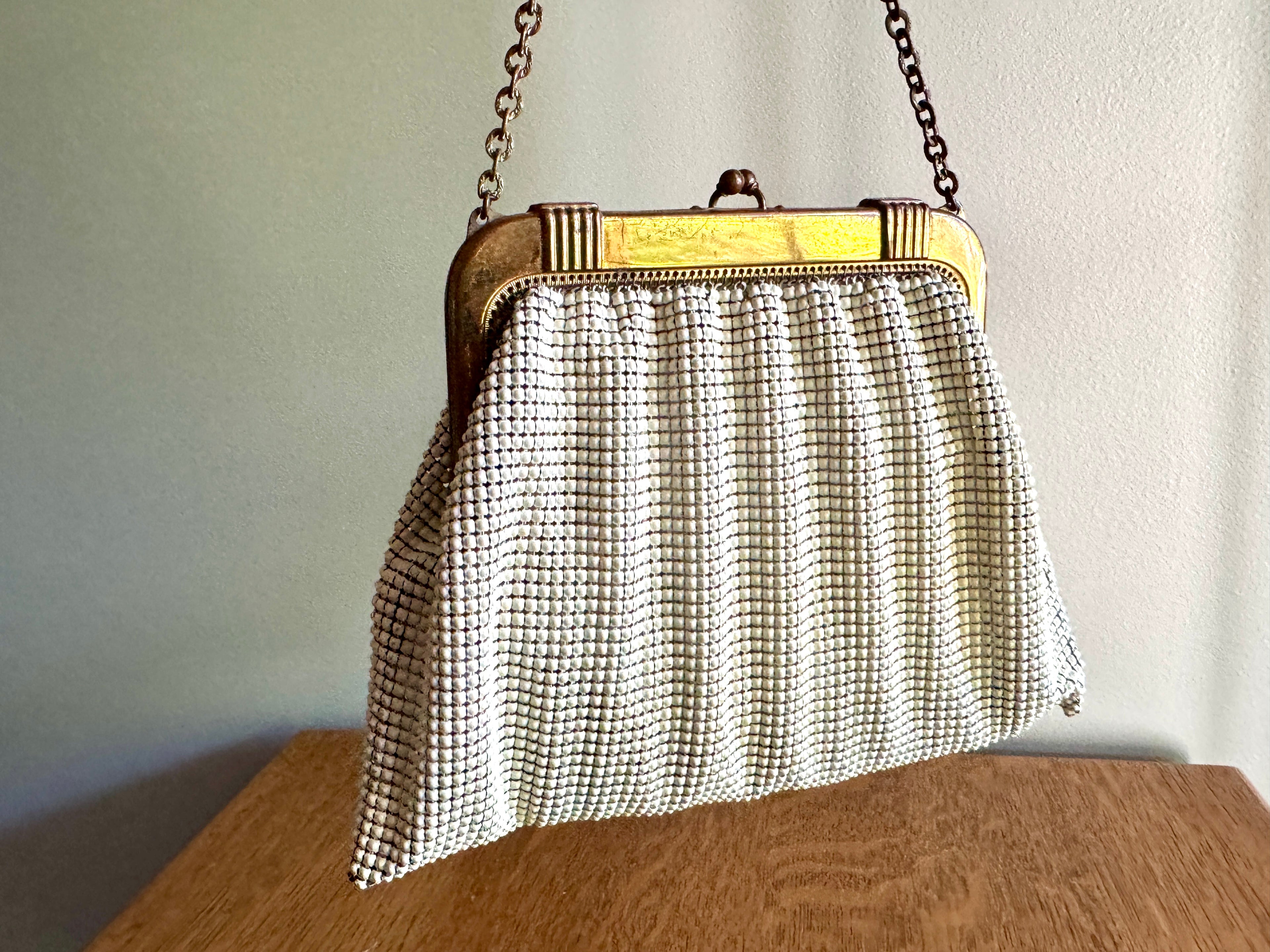 A 1960s Whiting & Davis Gold and White Mesh Hand Bag ~ Mesh Bridal Bag ~ Evening bag
