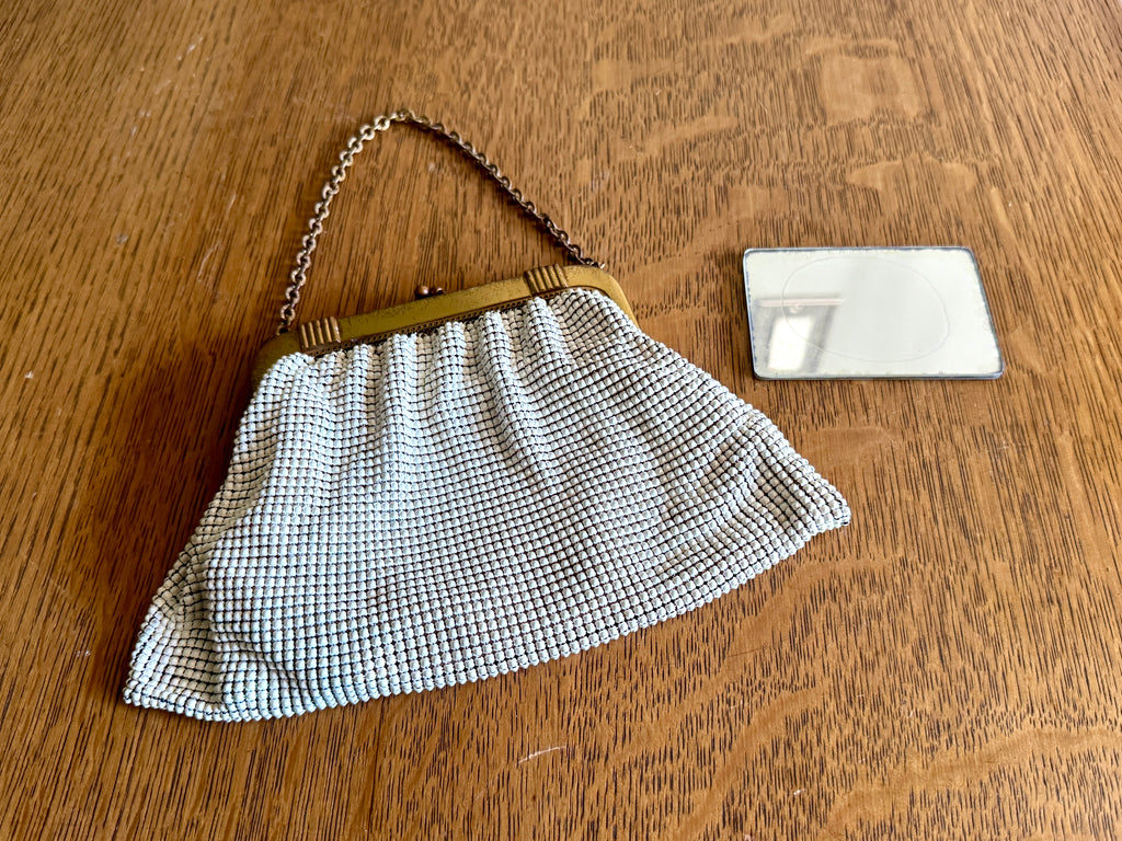 A 1960s Whiting & Davis Gold and White Mesh Hand Bag ~ Mesh Bridal Bag ~ Evening bag