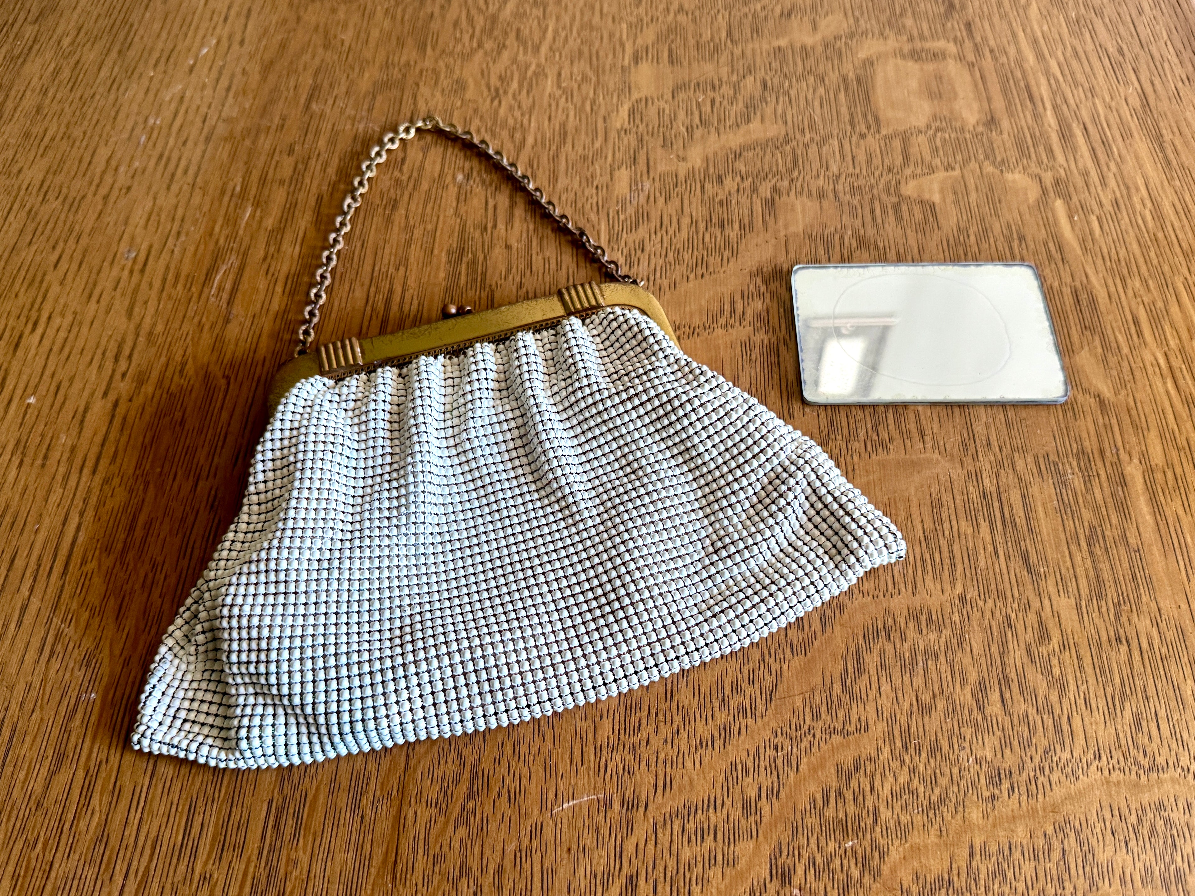 A 1960s Whiting & Davis Gold and White Mesh Hand Bag ~ Mesh Bridal Bag ~ Evening bag