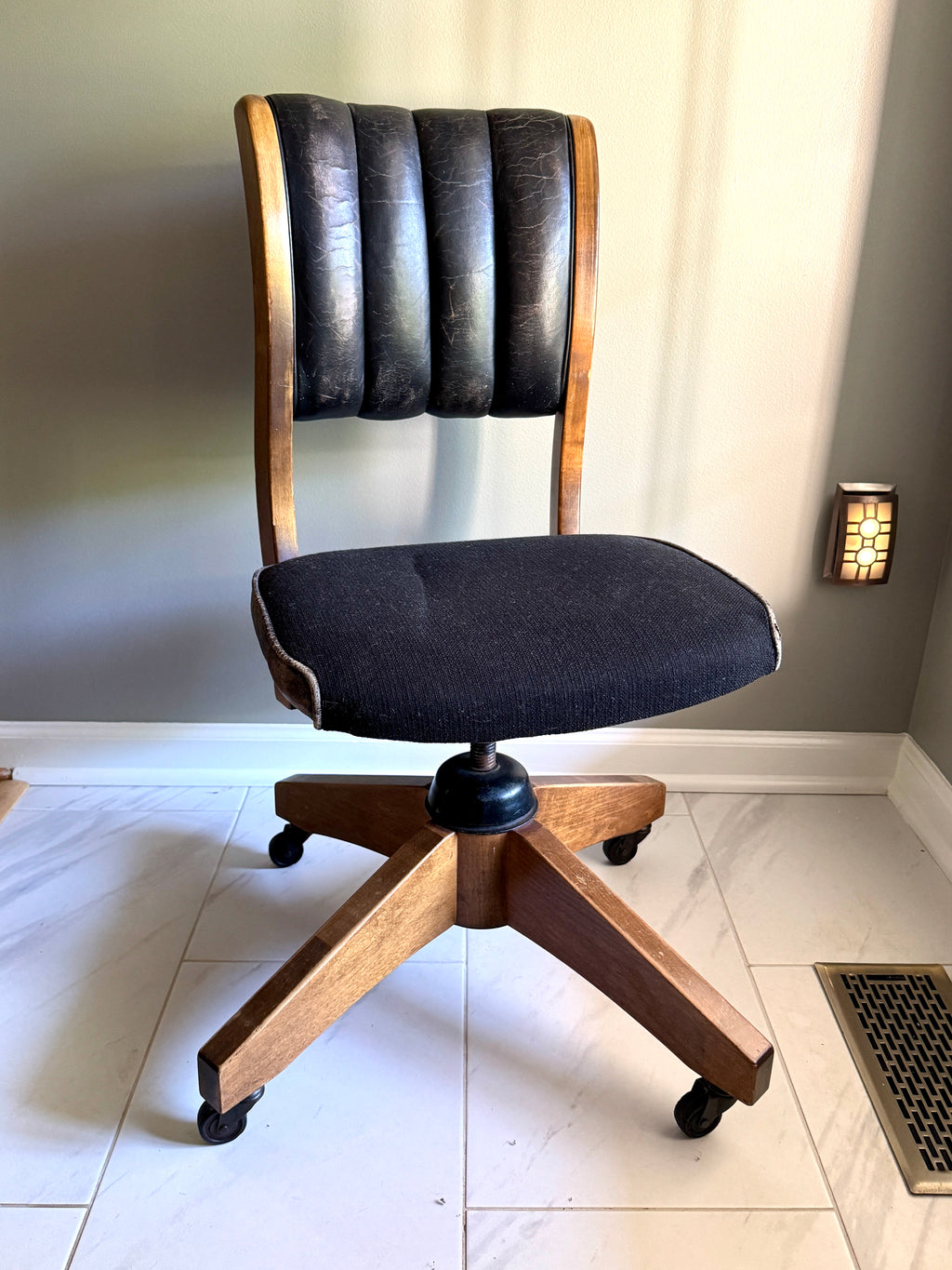 1960's Gunlocke Co Inc Leather and Wood Swivel Chair ~ Gunlocke Wooden Office Chair
