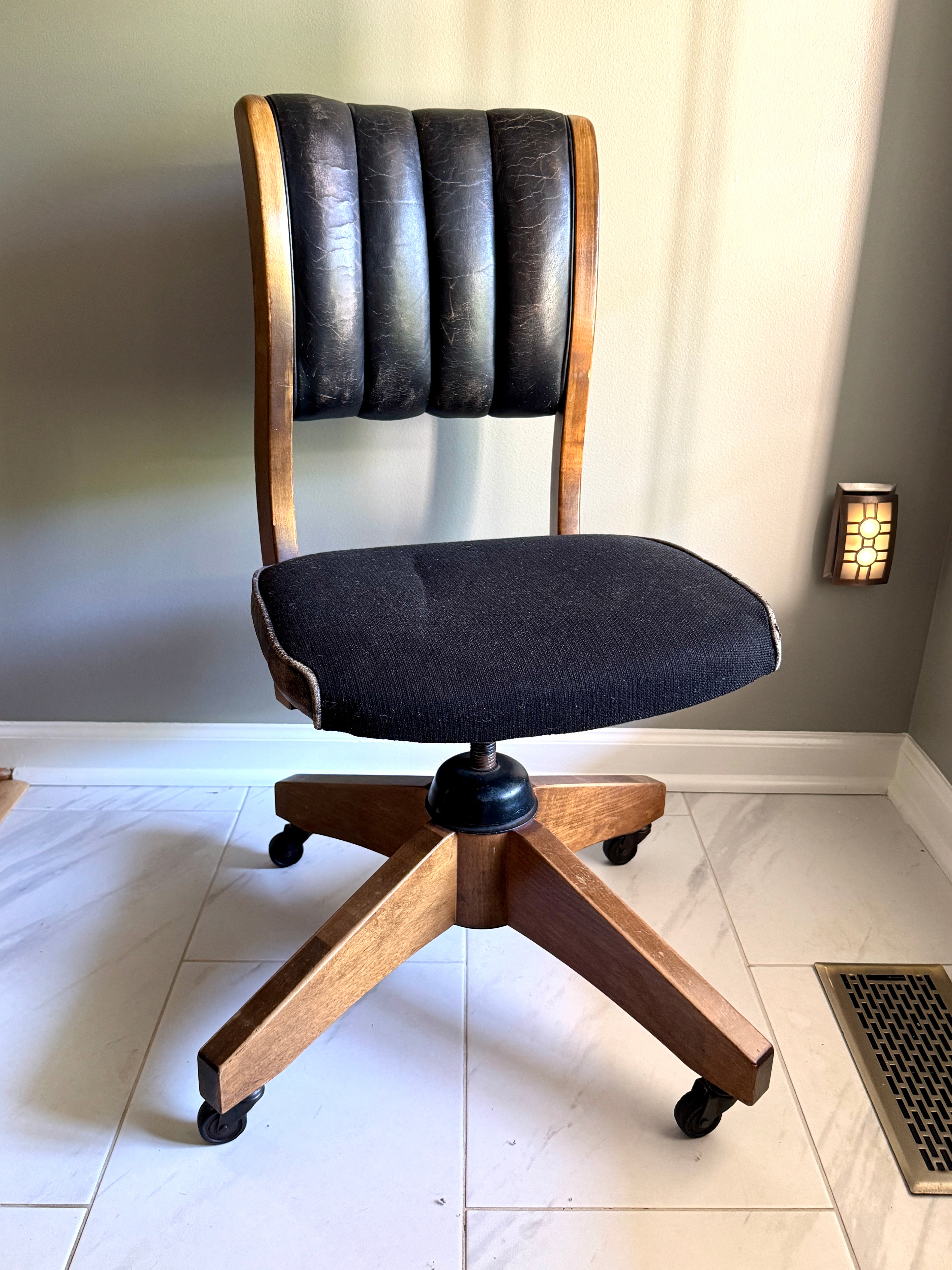 1960's Gunlocke Co Inc Leather and Wood Swivel Chair ~ Gunlocke Wooden Office Chair