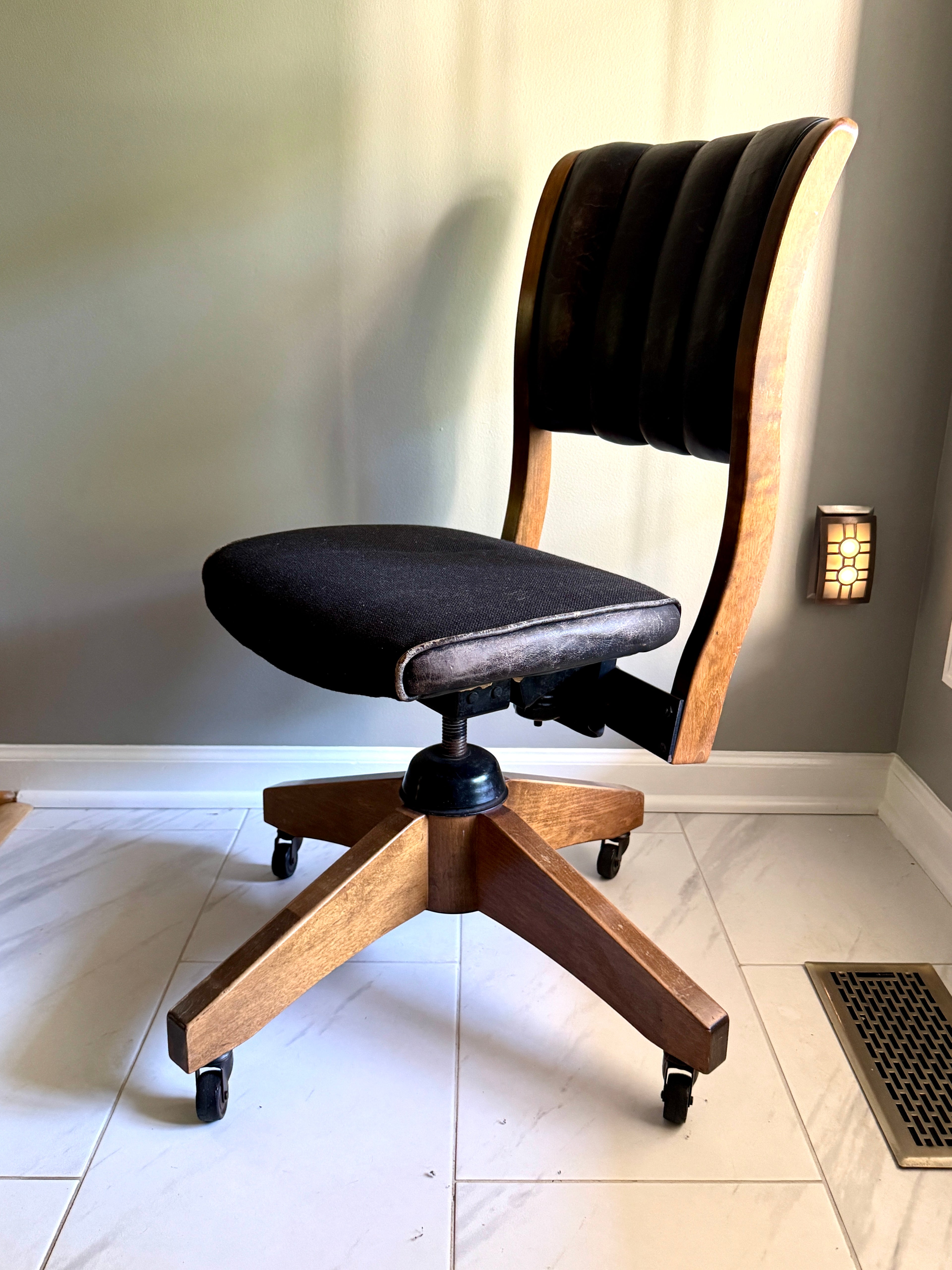 1960's Gunlocke Co Inc Leather and Wood Swivel Chair ~ Gunlocke Wooden Office Chair