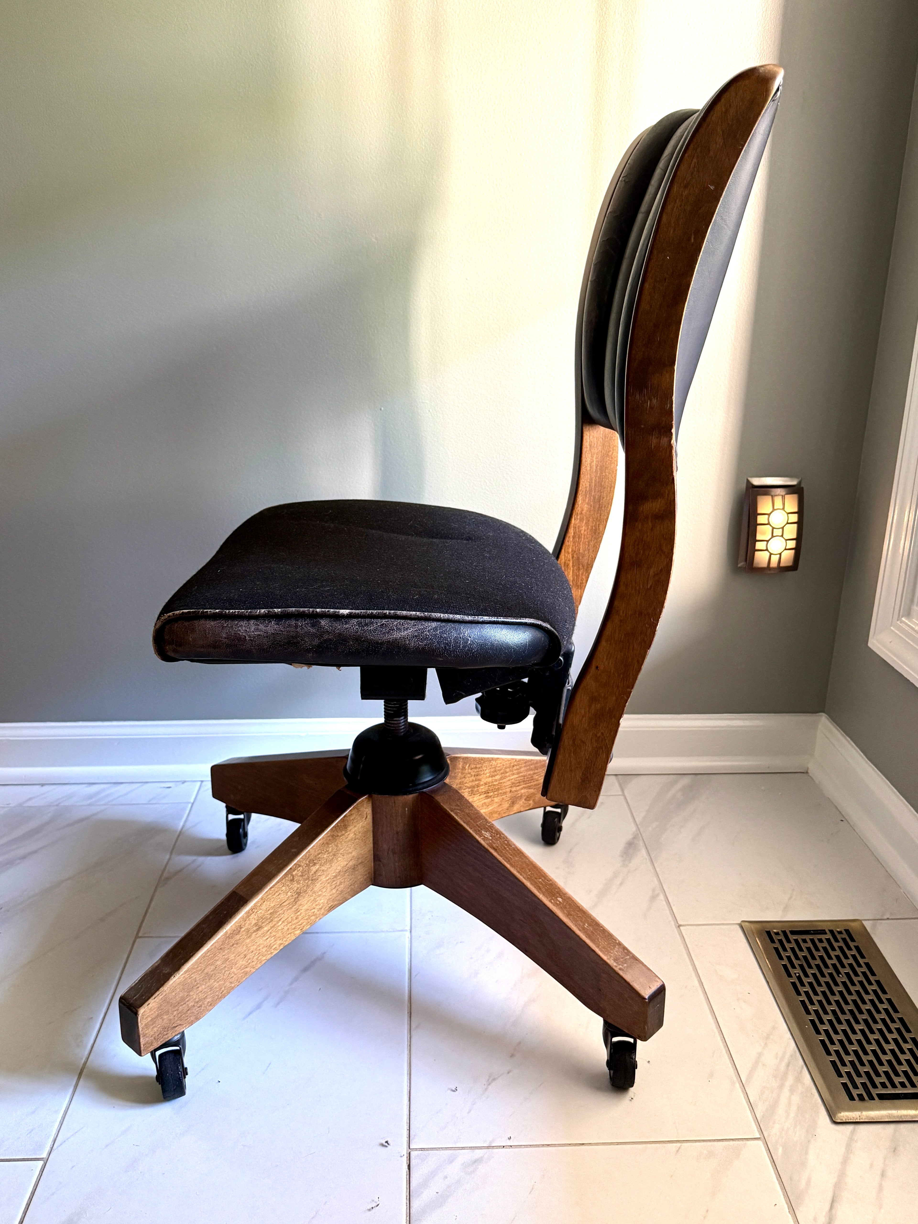 1960's Gunlocke Co Inc Leather and Wood Swivel Chair ~ Gunlocke Wooden Office Chair