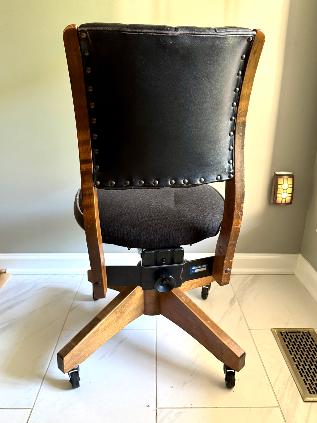 1960's Gunlocke Co Inc Leather and Wood Swivel Chair ~ Gunlocke Wooden Office Chair