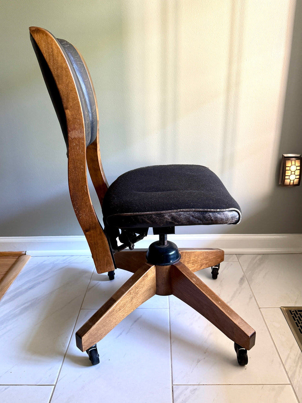 1960's Gunlocke Co Inc Leather and Wood Swivel Chair ~ Gunlocke Wooden Office Chair