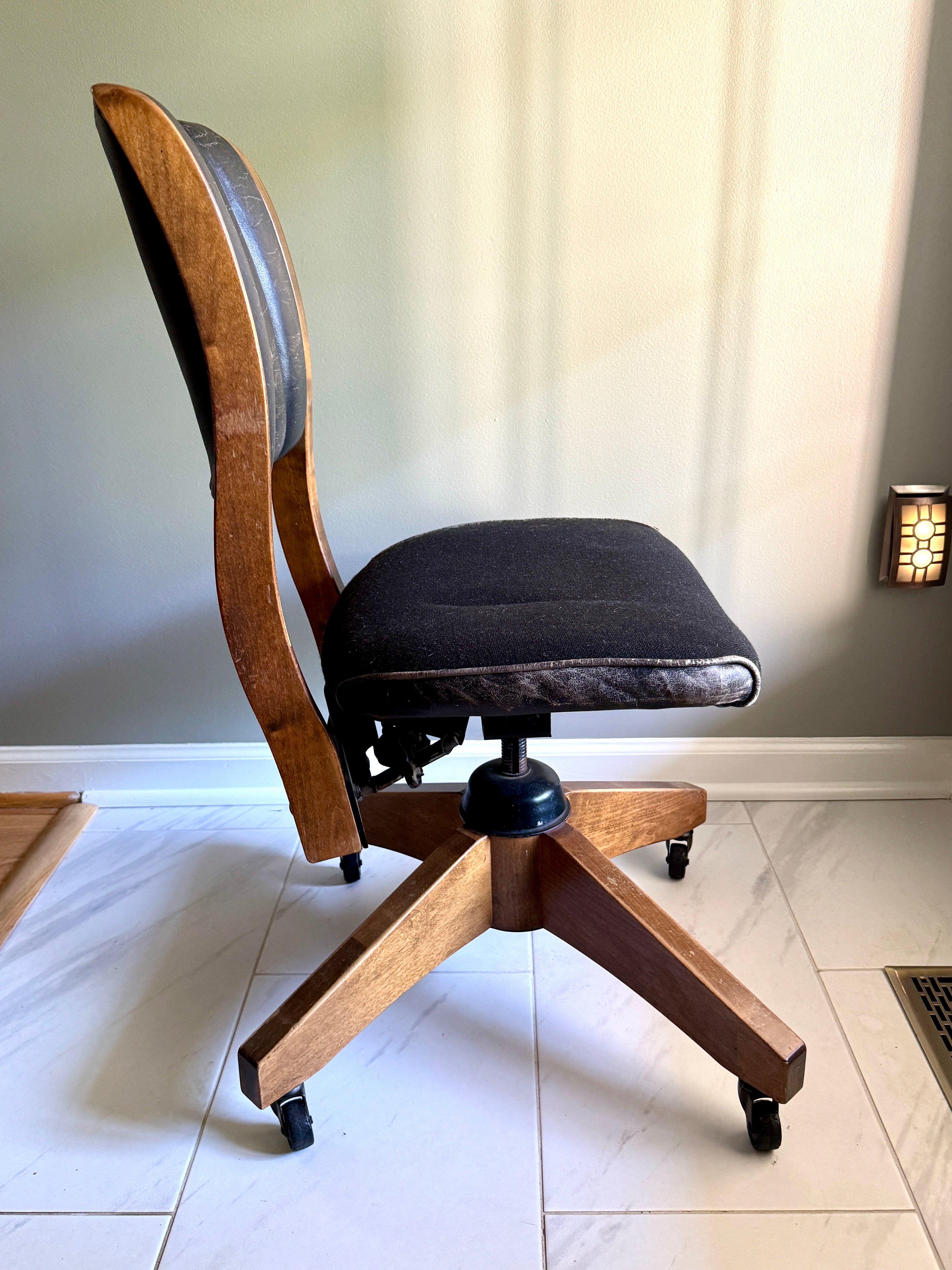 1960's Gunlocke Co Inc Leather and Wood Swivel Chair ~ Gunlocke Wooden Office Chair
